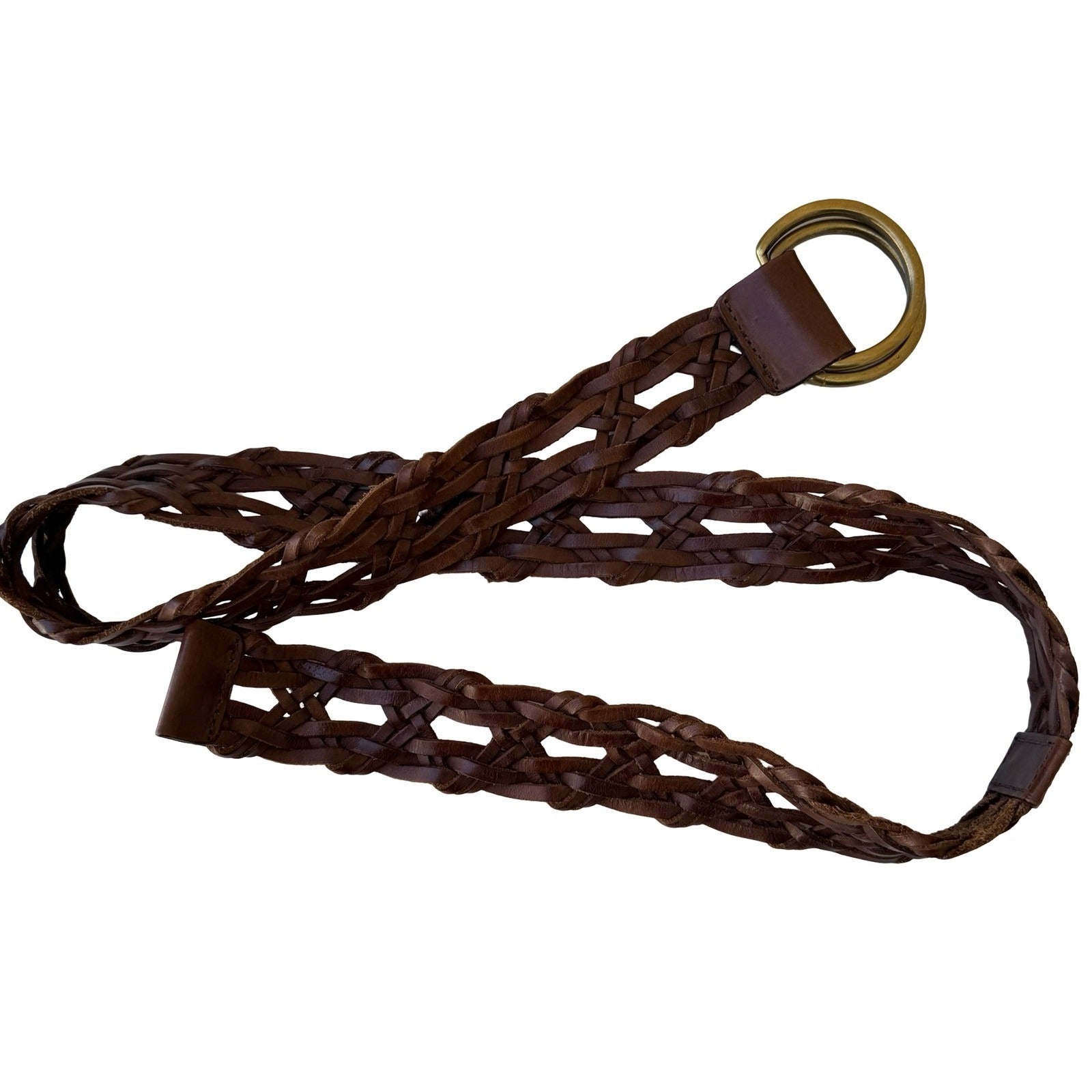 Vintage Wide Braided Leather Belt Double O-Ring Buckle Boho Western Woven Brown