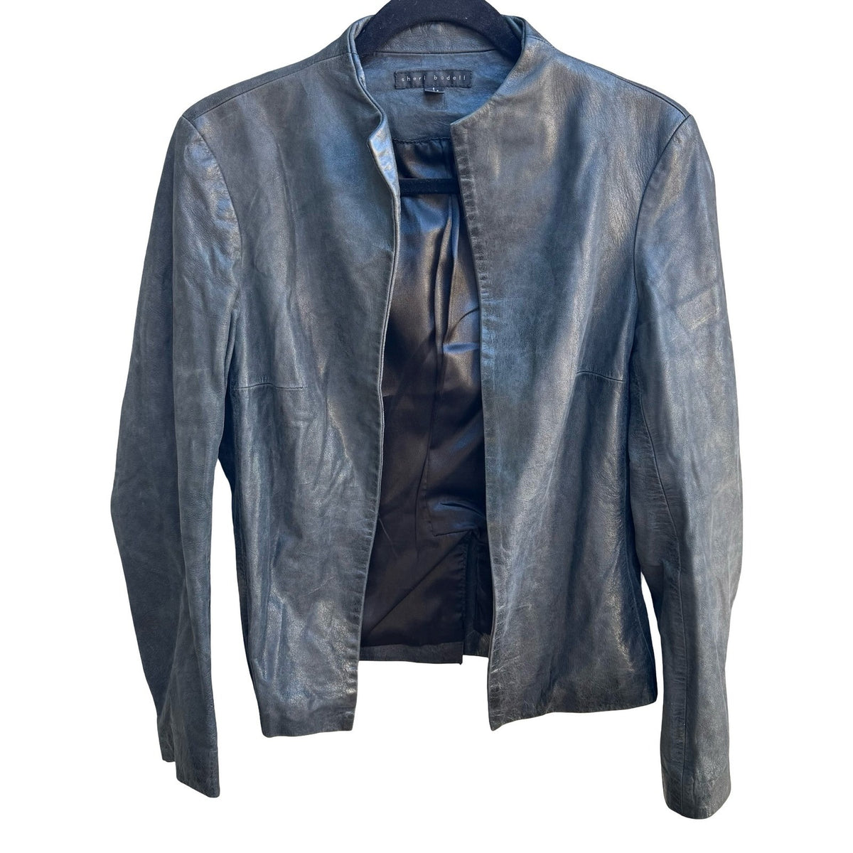 Sheri Bodell Minimalist Edgy Biker Moto Luxe Open Front Leather Jacket Black 6