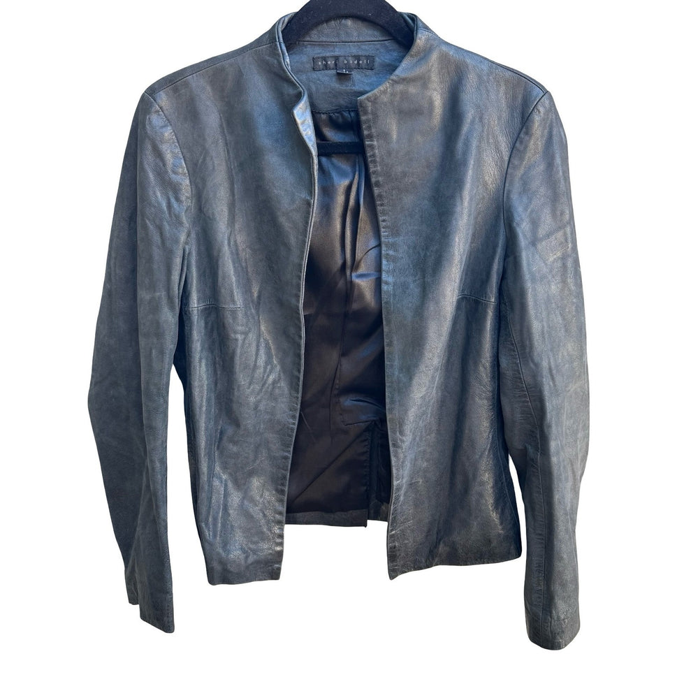 Sheri Bodell Minimalist Edgy Biker Moto Luxe Open Front Leather Jacket Black 6