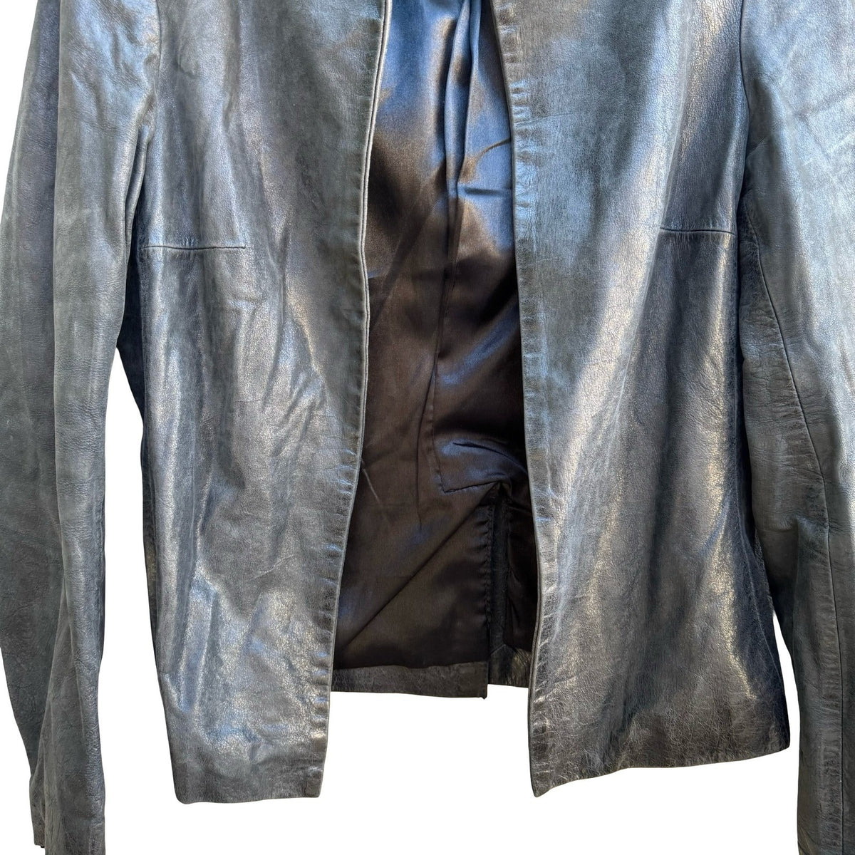 Sheri Bodell Minimalist Edgy Biker Moto Luxe Open Front Leather Jacket Black 6