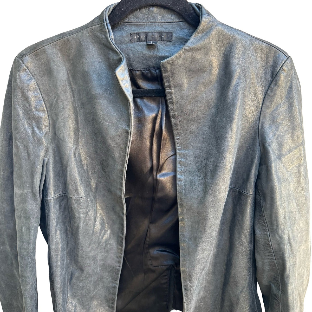 Sheri Bodell Minimalist Edgy Biker Moto Luxe Open Front Leather Jacket Black 6