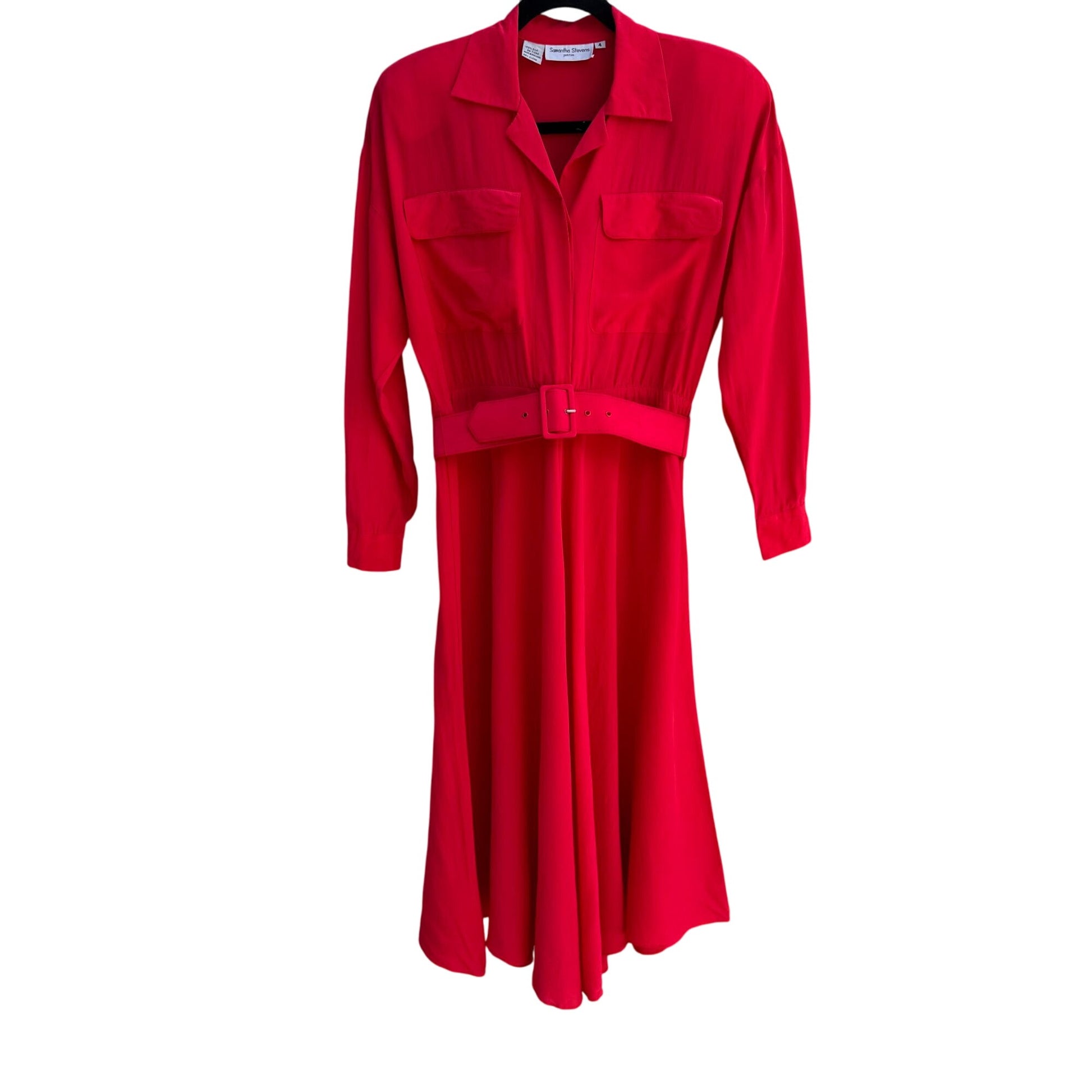 Samantha Stevens Vintage Red Silk Belted Waist Long Sleeve Button Cuffs Dress 4P