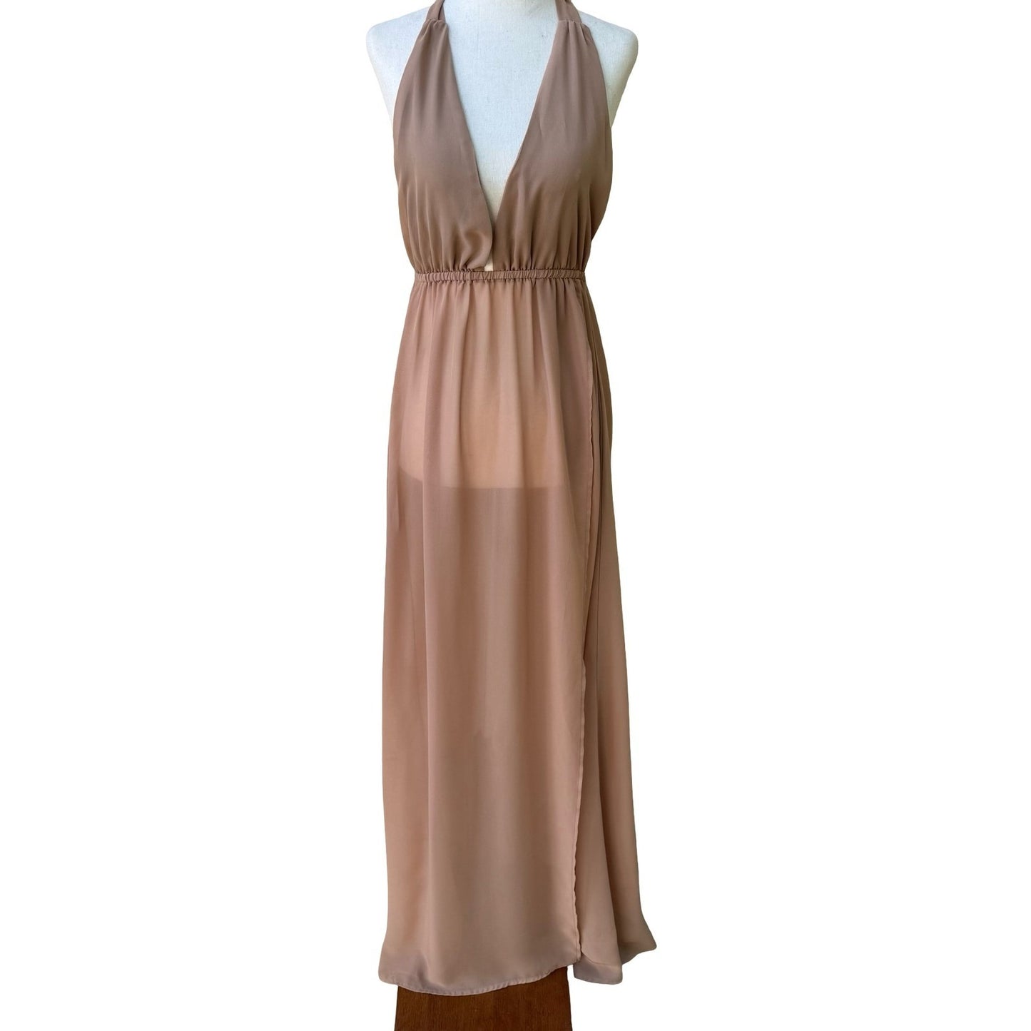 Myra Swim Sheer Resortwear Boho Halter Maxi Dress Beach Coverup Plunge Neck S
