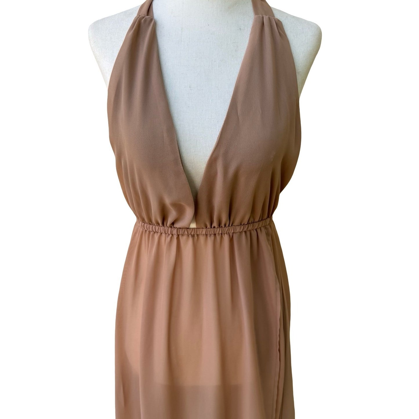 Myra Swim Sheer Resortwear Boho Halter Maxi Dress Beach Coverup Plunge Neck S