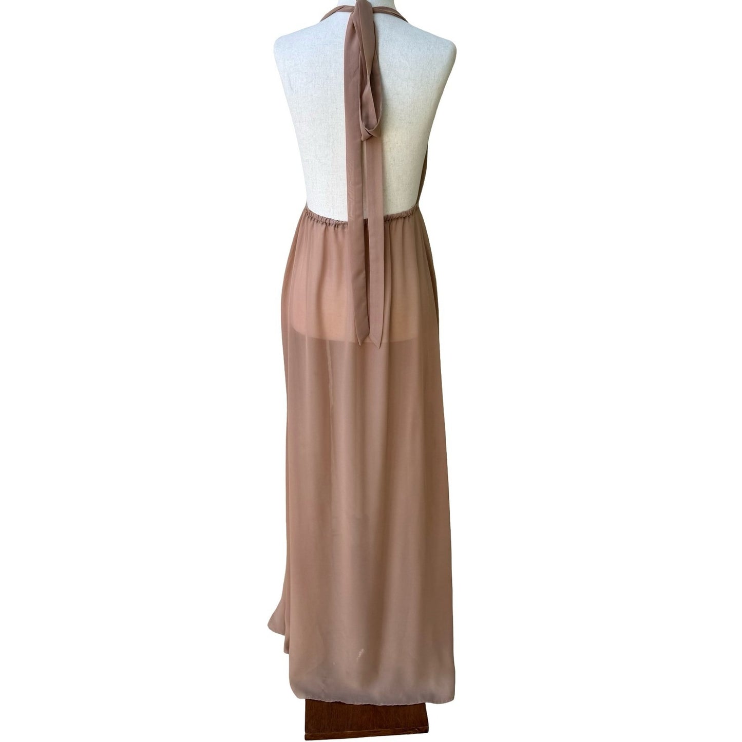 Myra Swim Sheer Resortwear Boho Halter Maxi Dress Beach Coverup Plunge Neck S