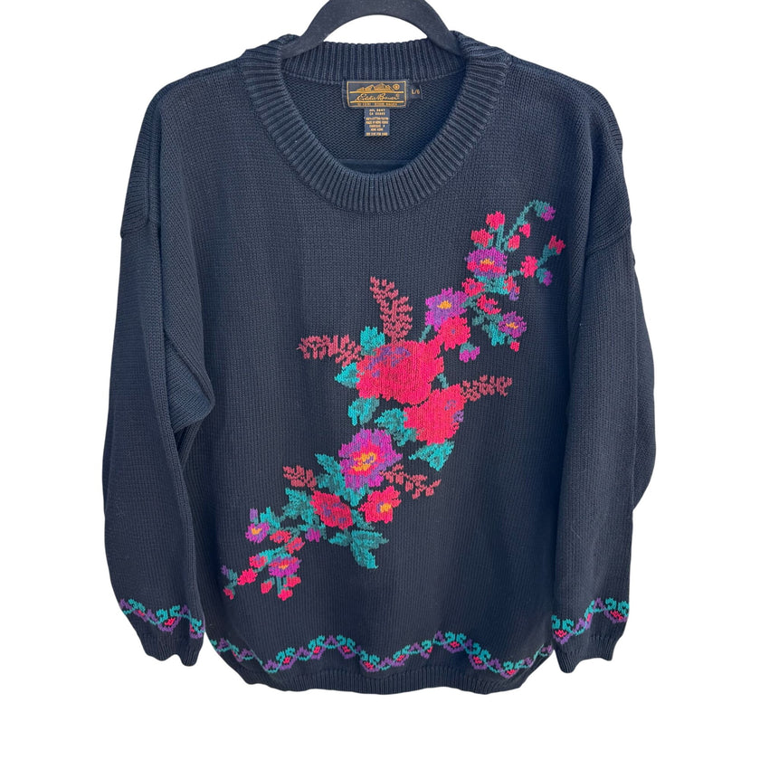 Eddie Bauer Vintage 90s Womens Black Floral Thick Knit Sweater Cottage Oversized