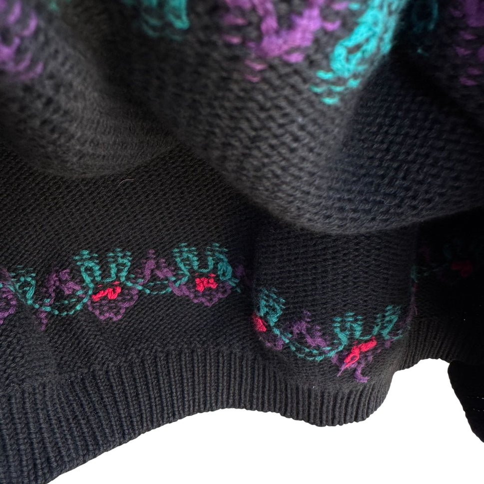 Eddie Bauer Vintage 90s Womens Black Floral Thick Knit Sweater Cottage Oversized