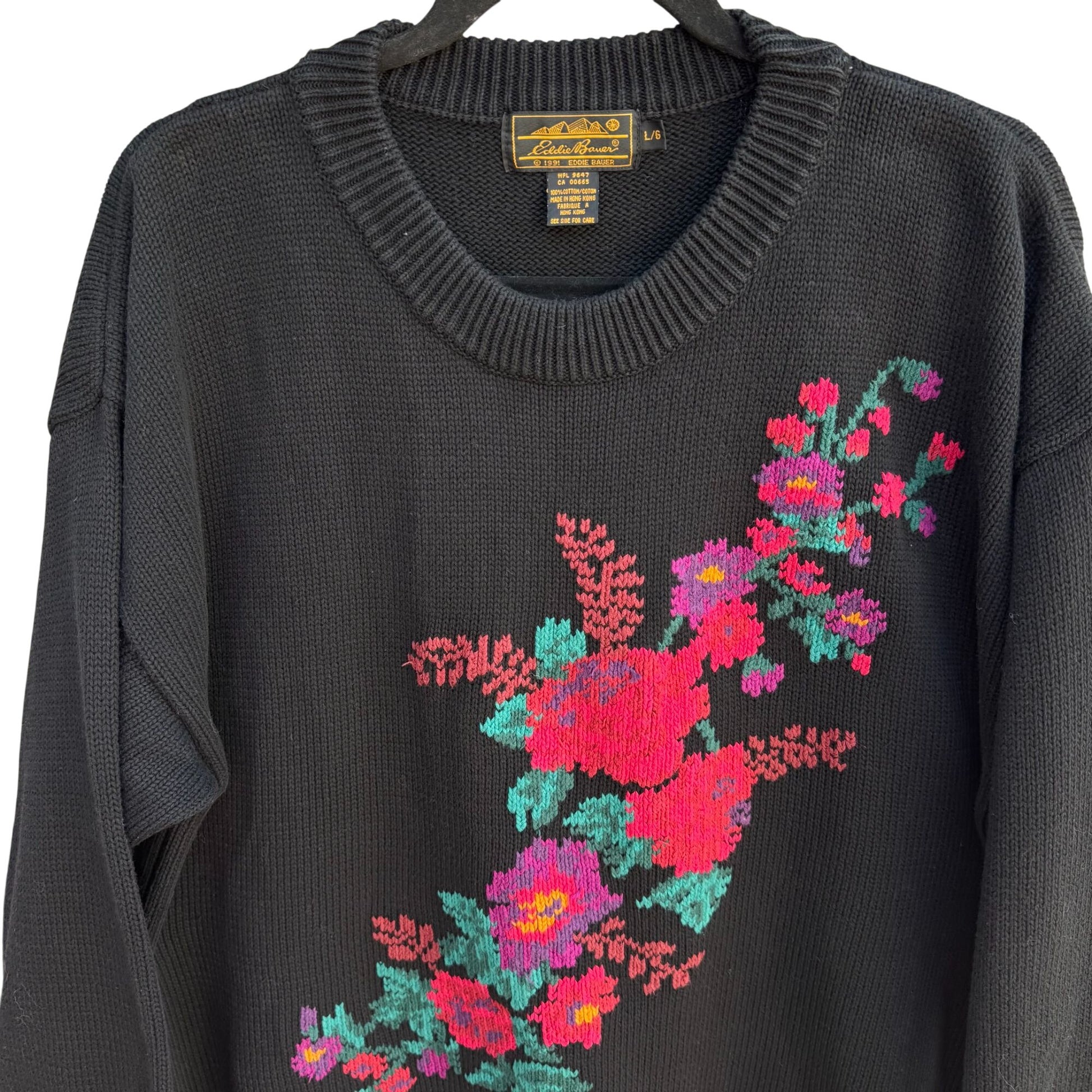 Eddie Bauer Vintage 90s Womens Black Floral Thick Knit Sweater Cottage Oversized