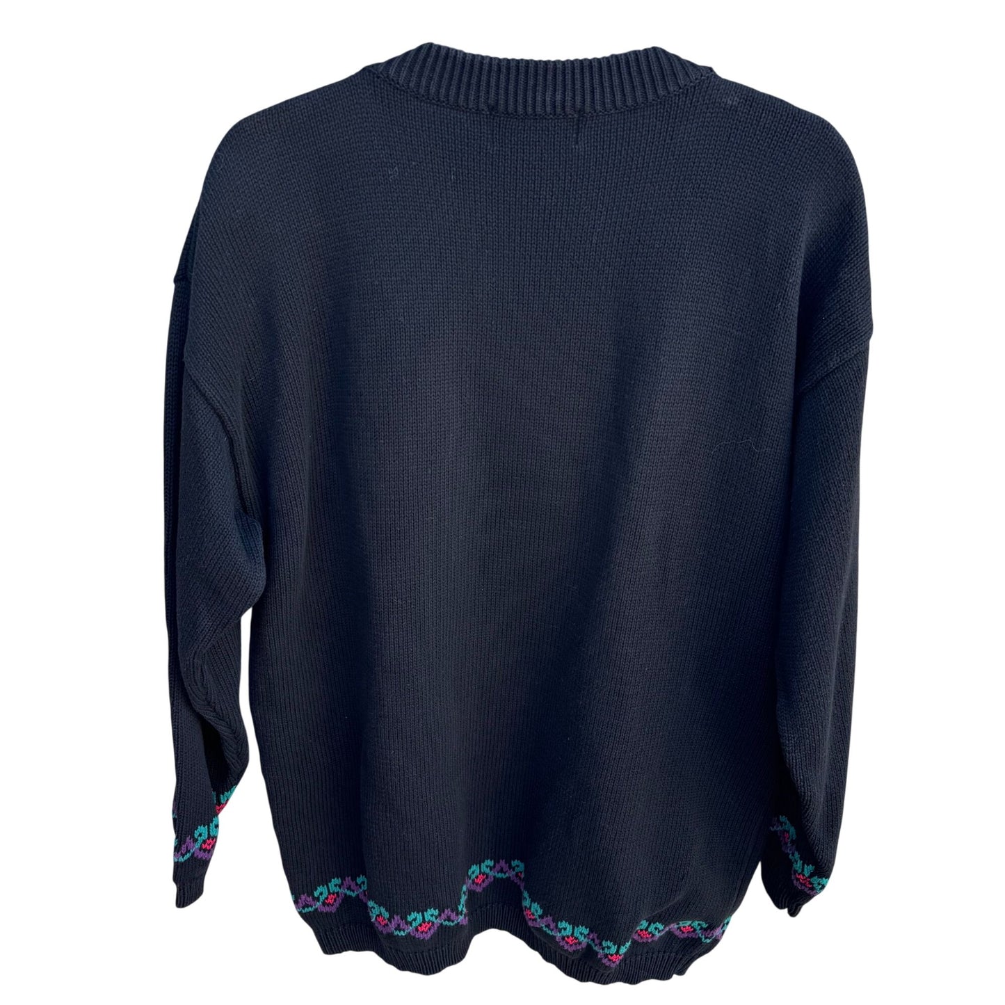 Eddie Bauer Vintage 90s Womens Black Floral Thick Knit Sweater Cottage Oversized