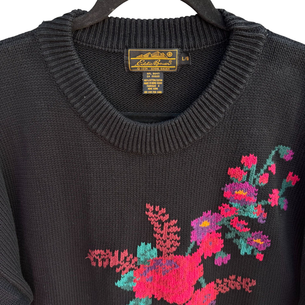 Eddie Bauer Vintage 90s Womens Black Floral Thick Knit Sweater Cottage Oversized