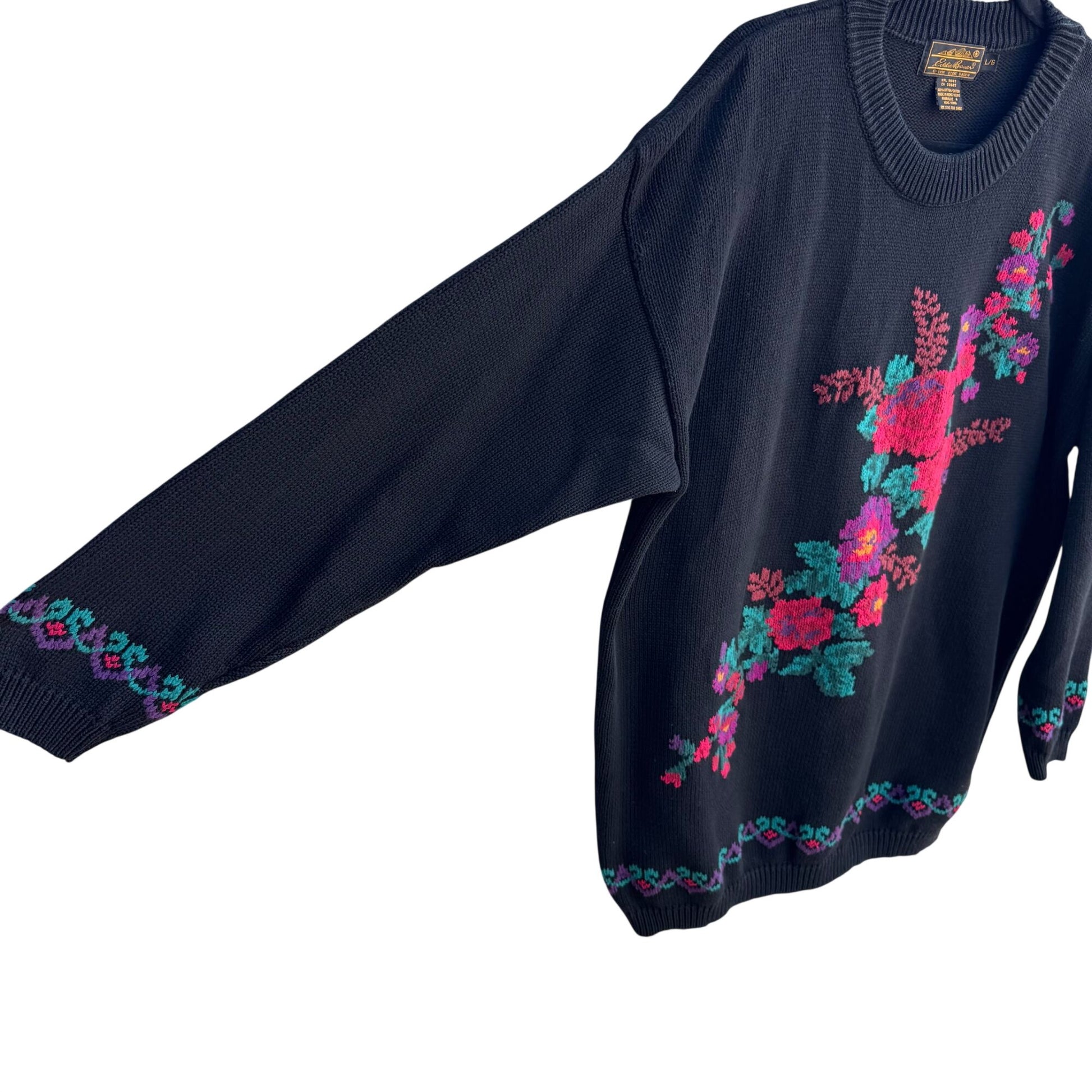 Eddie Bauer Vintage 90s Womens Black Floral Thick Knit Sweater Cottage Oversized