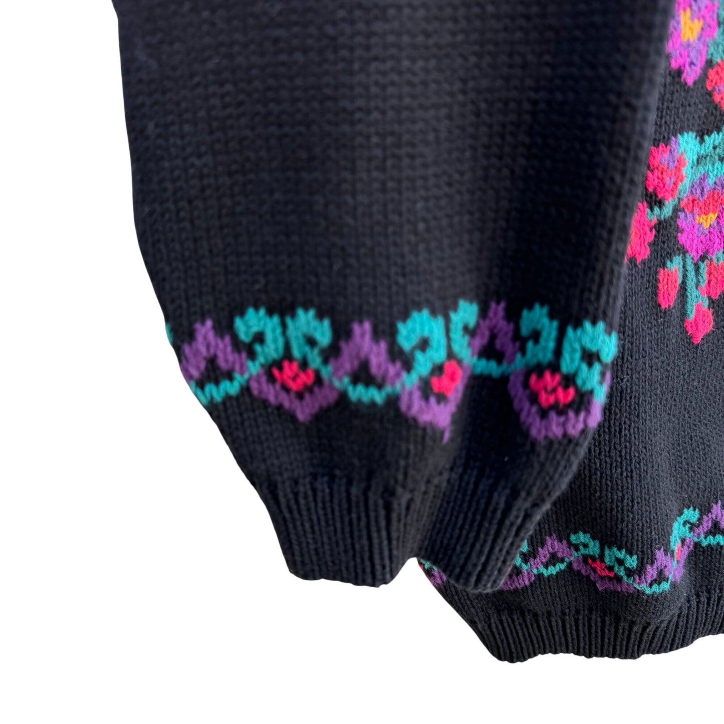 Eddie Bauer Vintage 90s Womens Black Floral Thick Knit Sweater Cottage Oversized