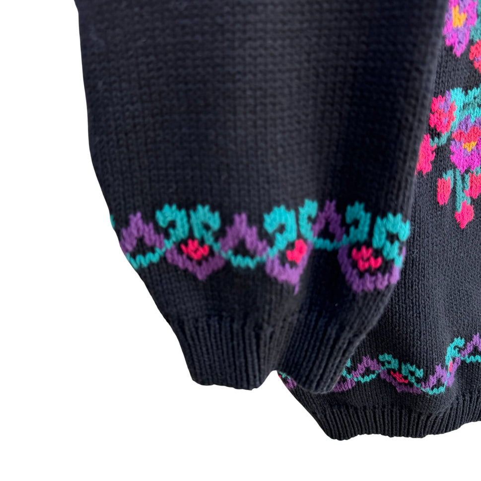 Eddie Bauer Vintage 90s Womens Black Floral Thick Knit Sweater Cottage Oversized