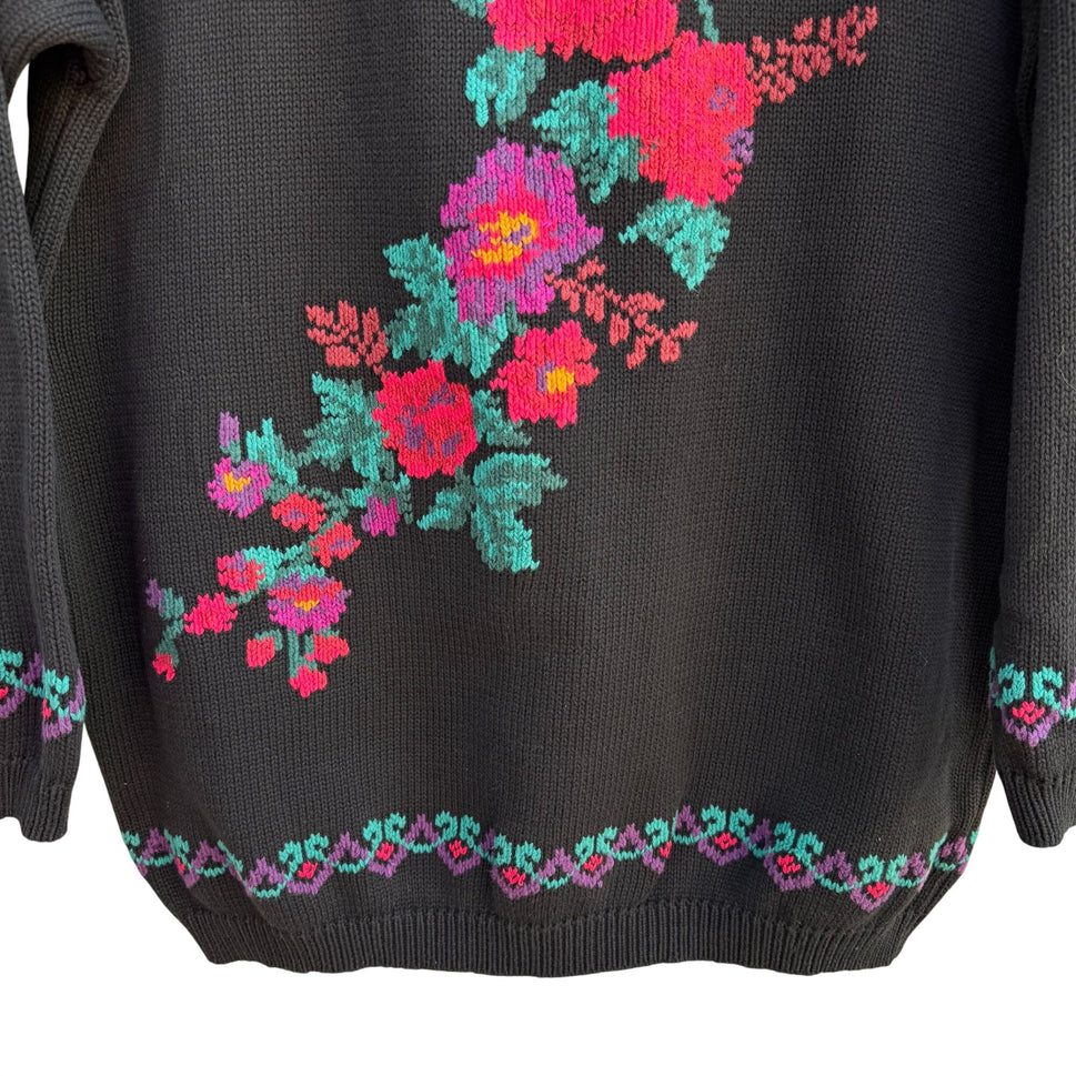 Eddie Bauer Vintage 90s Womens Black Floral Thick Knit Sweater Cottage Oversized