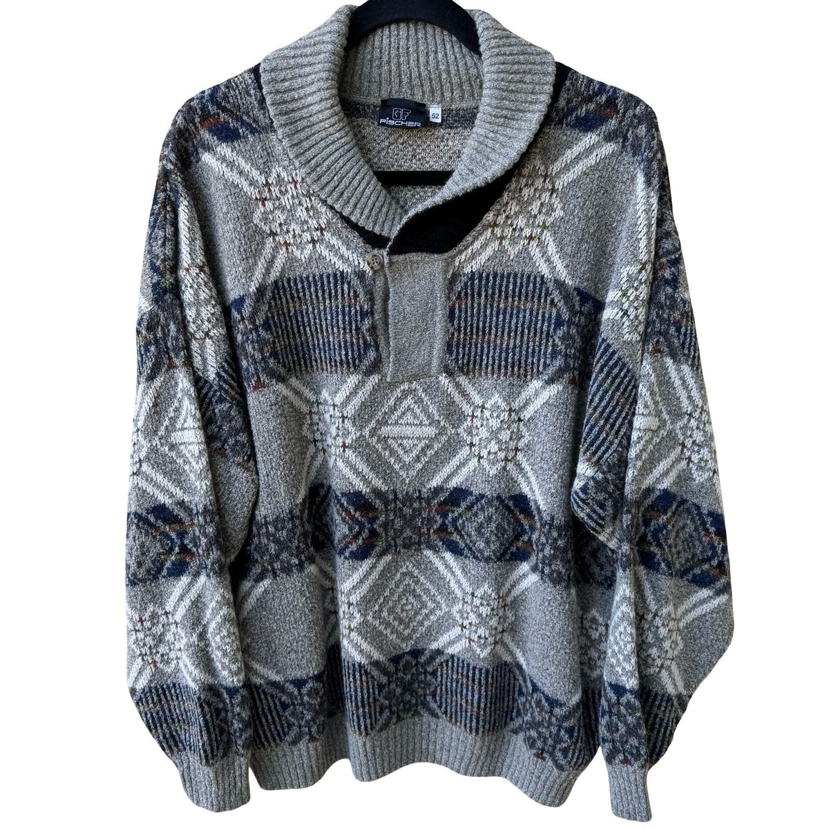 Fischer Vintage 90s Geometric Shawl Neck Oversized Knit Grandpa Sweater Mens