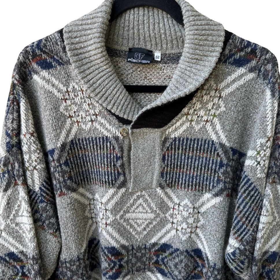 Fischer Vintage 90s Geometric Shawl Neck Oversized Knit Grandpa Sweater Mens