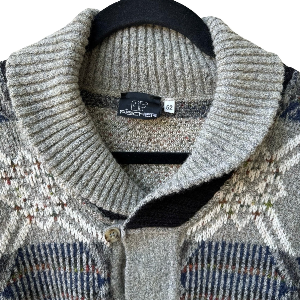 Fischer Vintage 90s Geometric Shawl Neck Oversized Knit Grandpa Sweater Mens