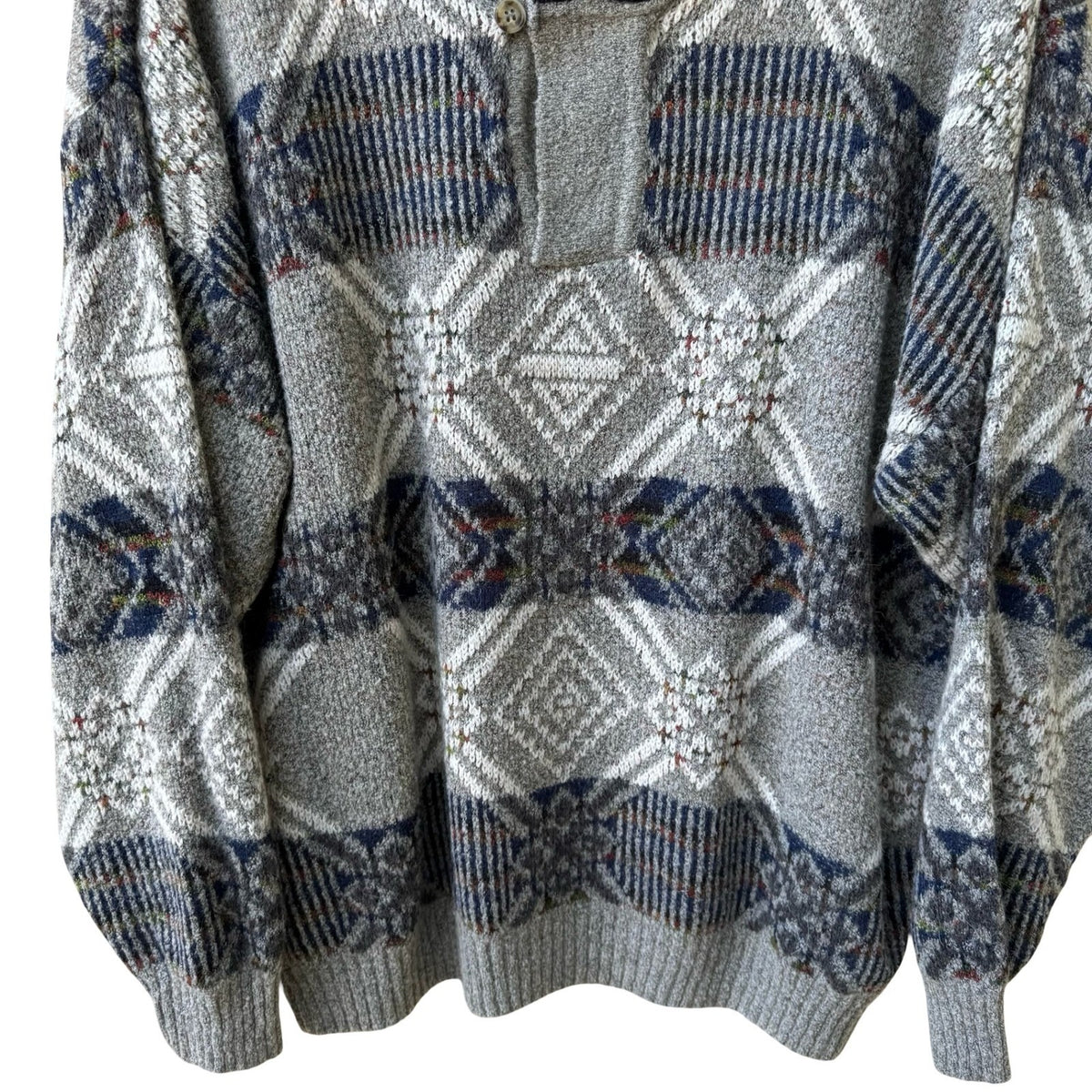 Fischer Vintage 90s Geometric Shawl Neck Oversized Knit Grandpa Sweater Mens
