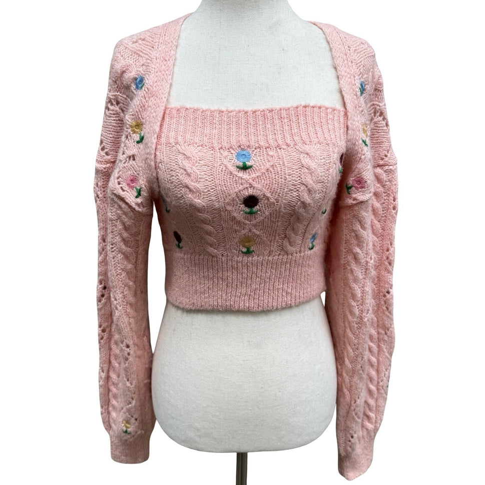 Zara Coquette Cottagecore Cable Knit Floral Embroidered Bolero Arm Warmer Top S