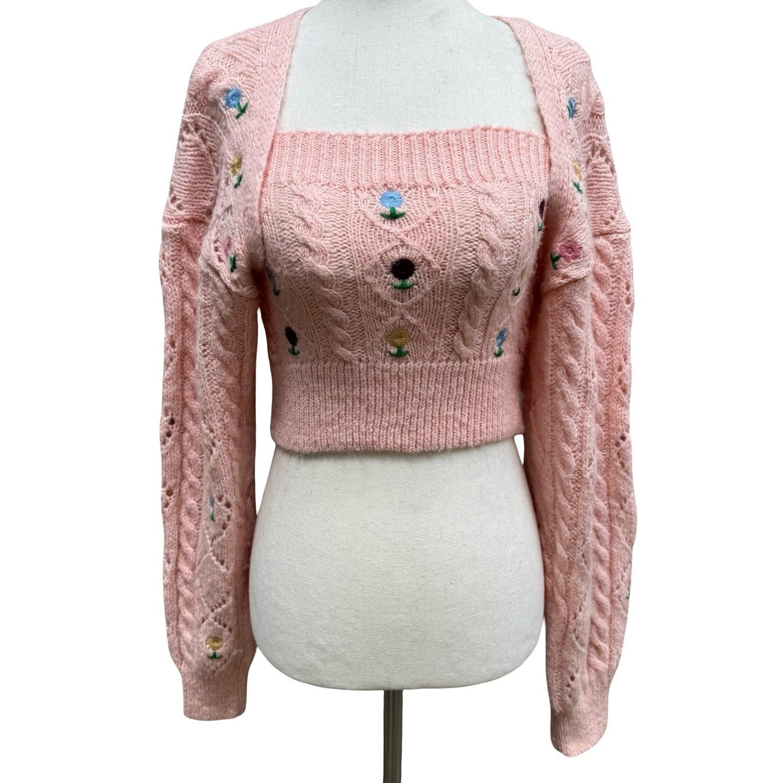 Zara Coquette Cottagecore Cable Knit Floral Embroidered Bolero Arm Warmer Top S