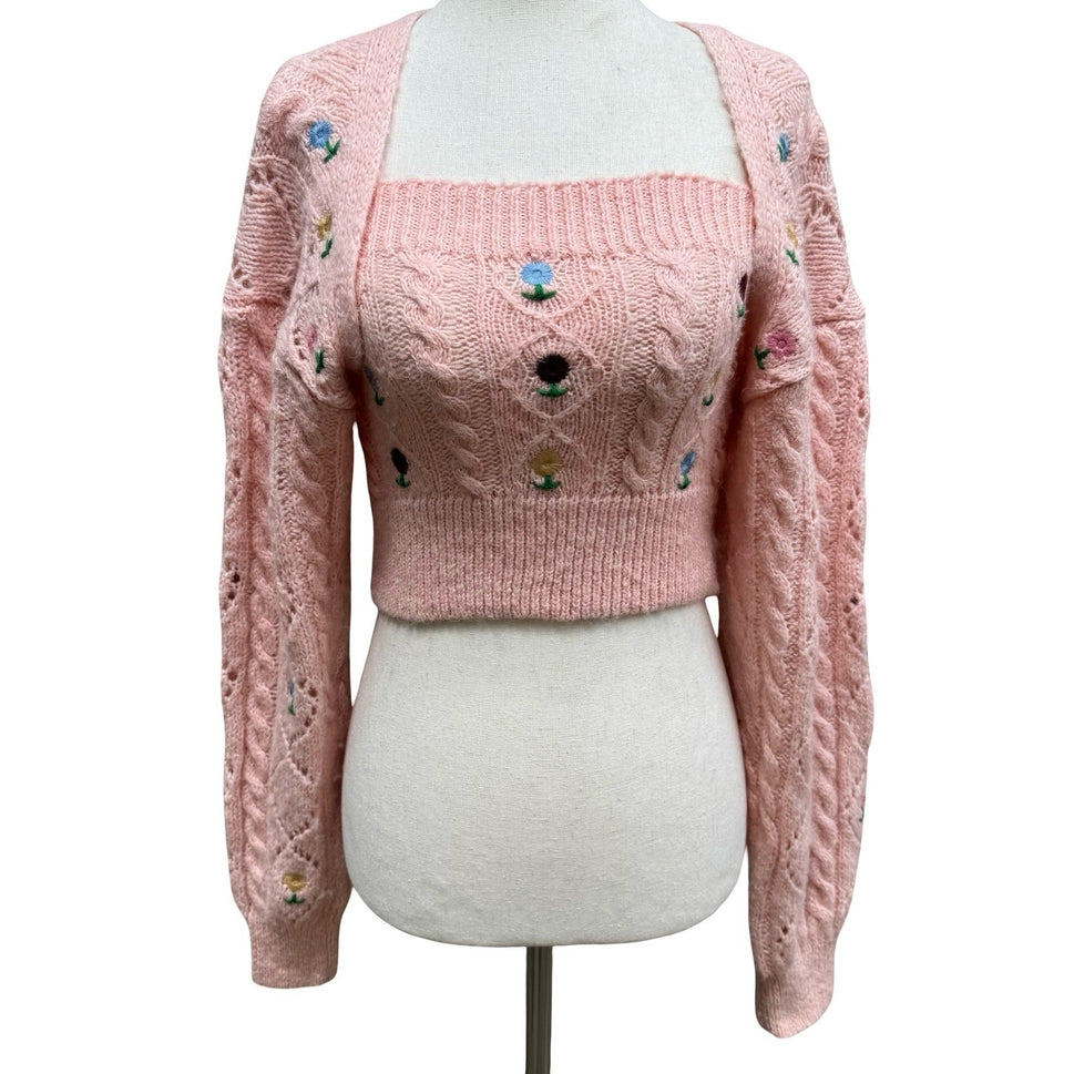 Zara Coquette Cottagecore Cable Knit Floral Embroidered Bolero Arm Warmer Top S