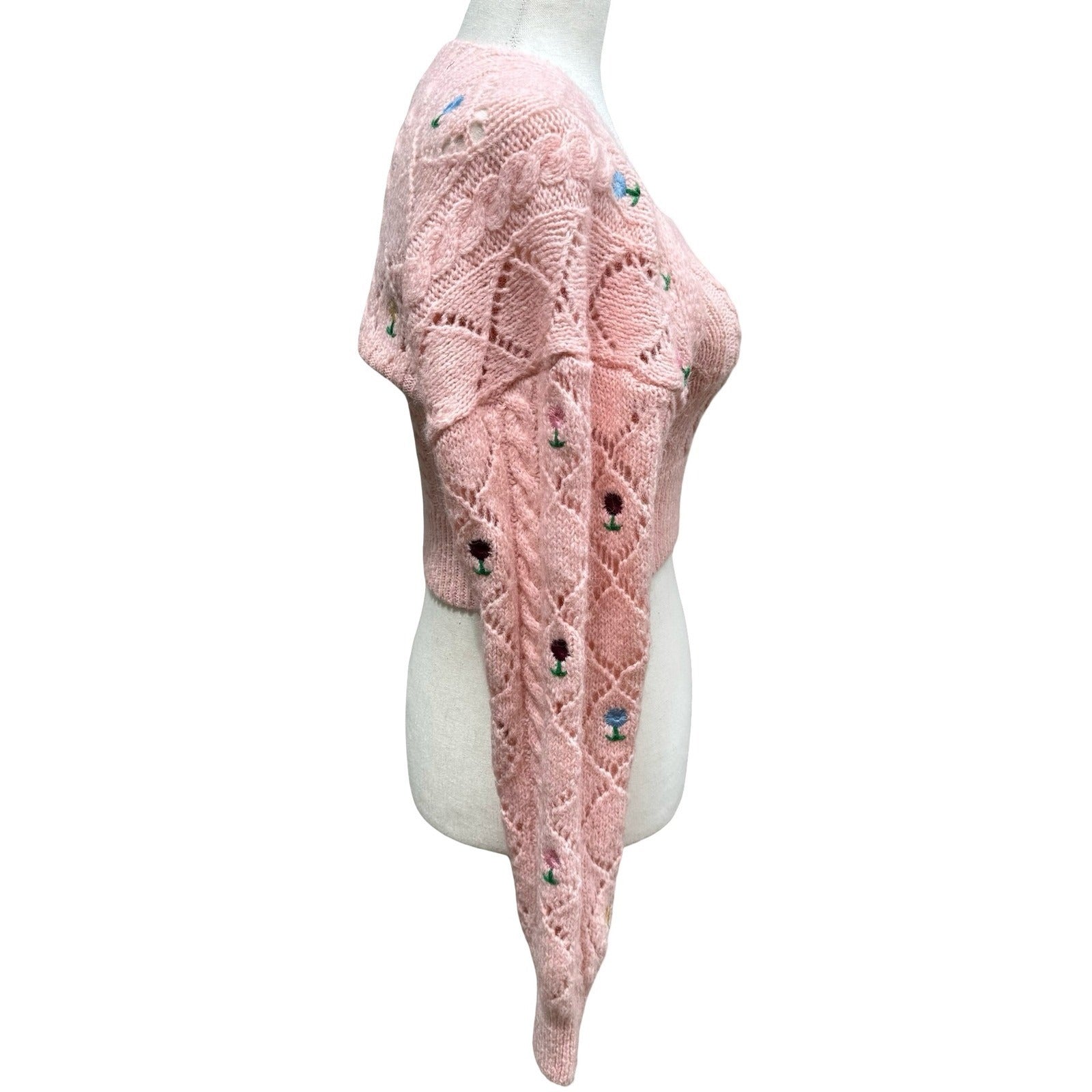 Zara Coquette Cottagecore Cable Knit Floral Embroidered Bolero Arm Warmer Top S