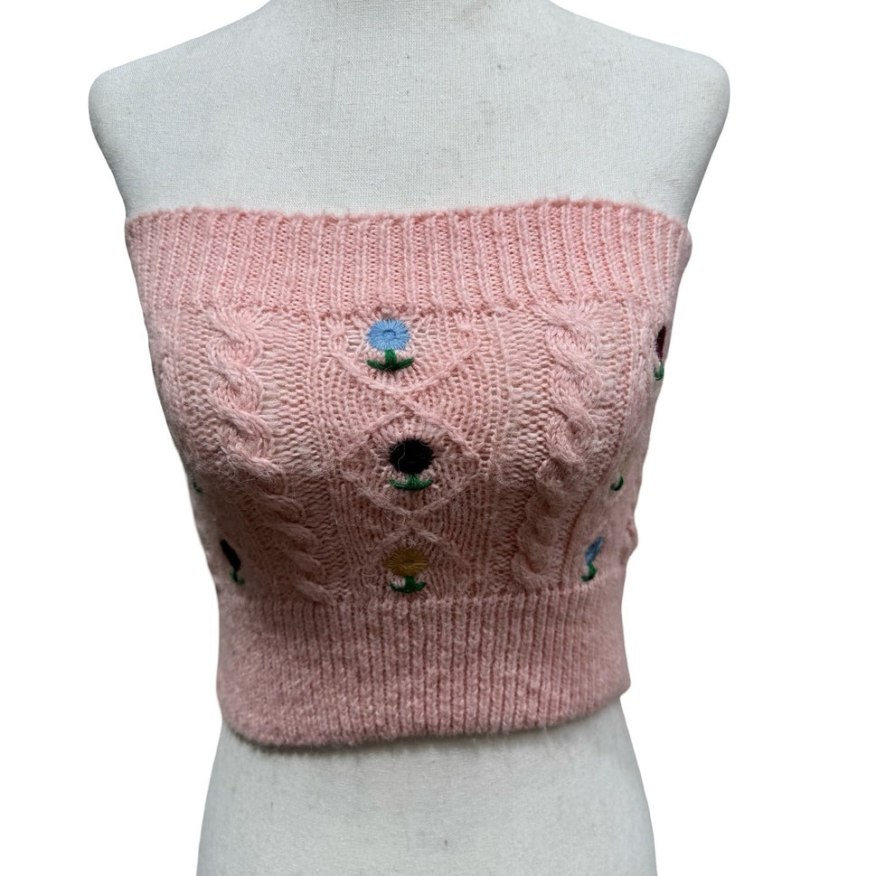 Zara Coquette Cottagecore Cable Knit Floral Embroidered Bolero Arm Warmer Top S