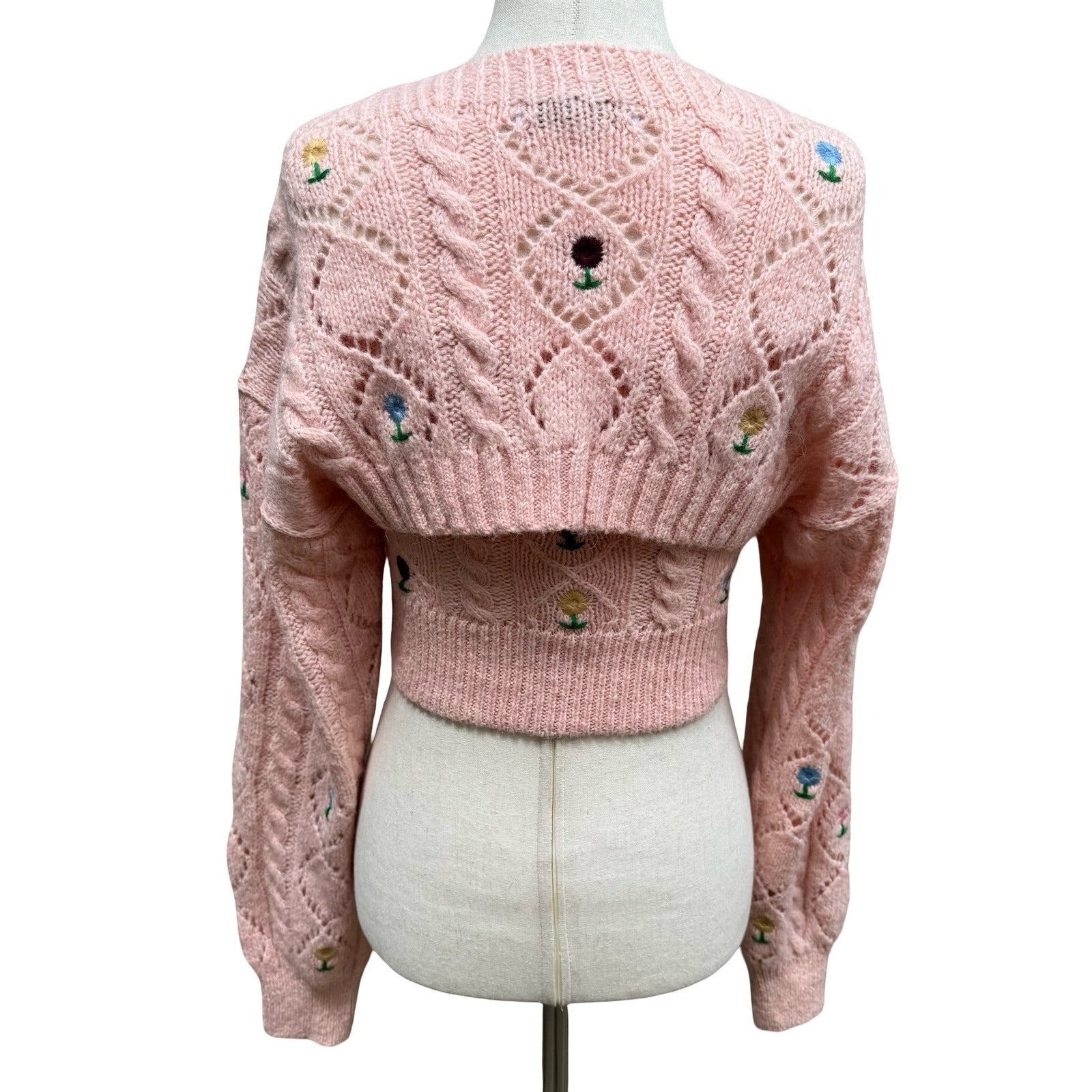 Zara Coquette Cottagecore Cable Knit Floral Embroidered Bolero Arm Warmer Top S