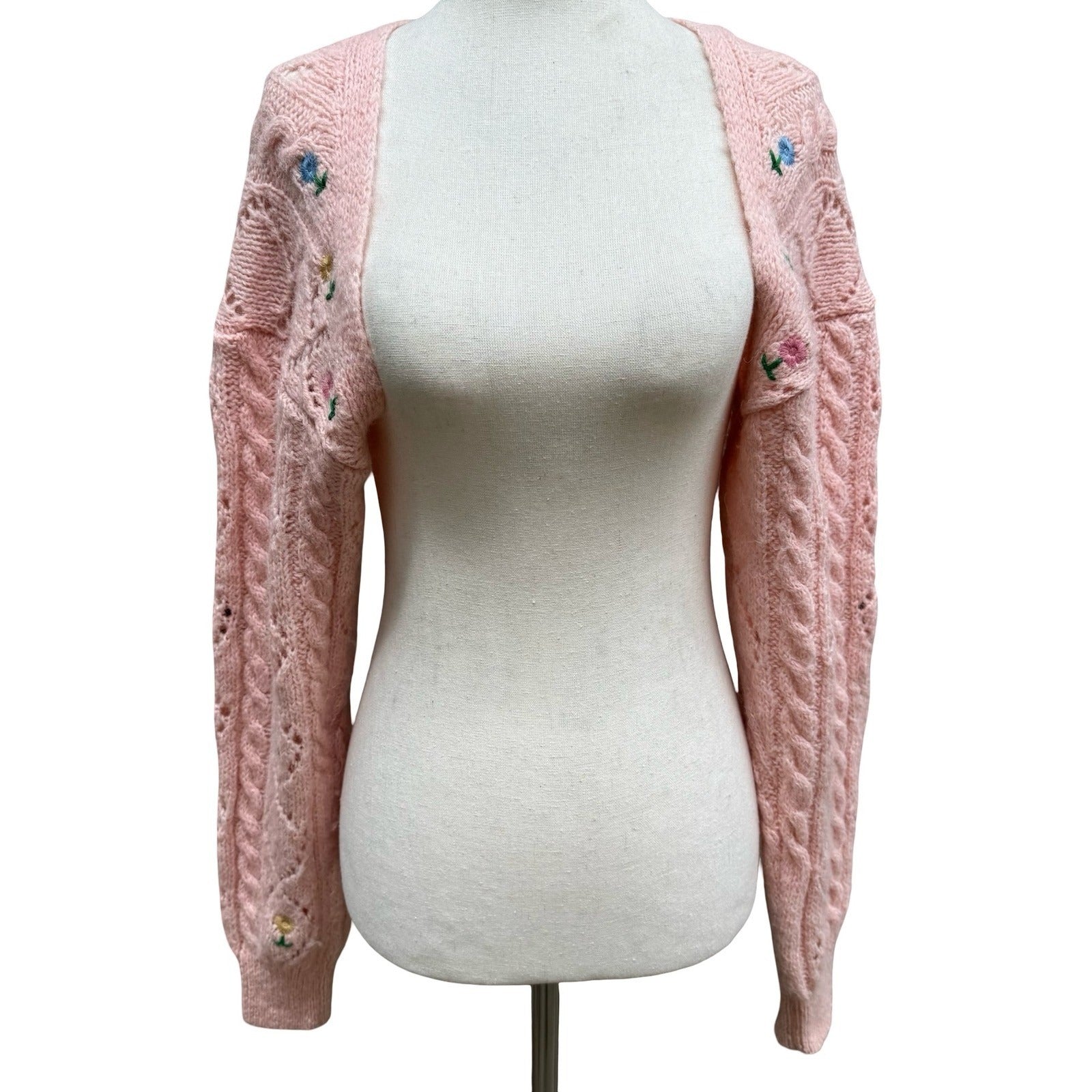 Zara Coquette Cottagecore Cable Knit Floral Embroidered Bolero Arm Warmer Top S