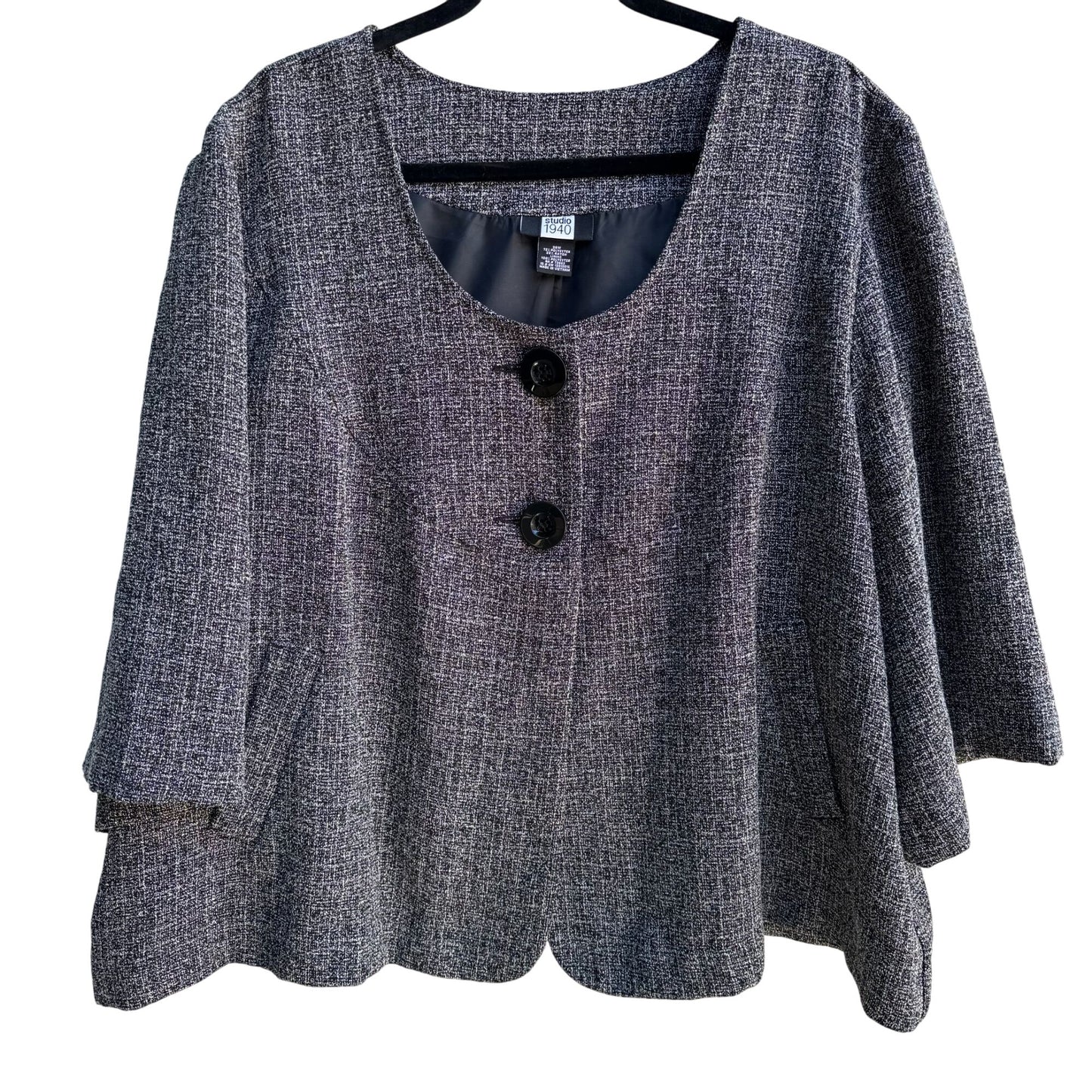 Studio 1940 Womens Plus Size Gray Scoop Neck Two Button Tweed Blazer Jacket 26W