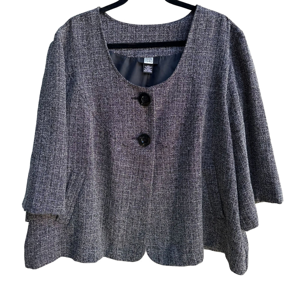 Studio 1940 Womens Plus Size Gray Scoop Neck Two Button Tweed Blazer Jacket 26W