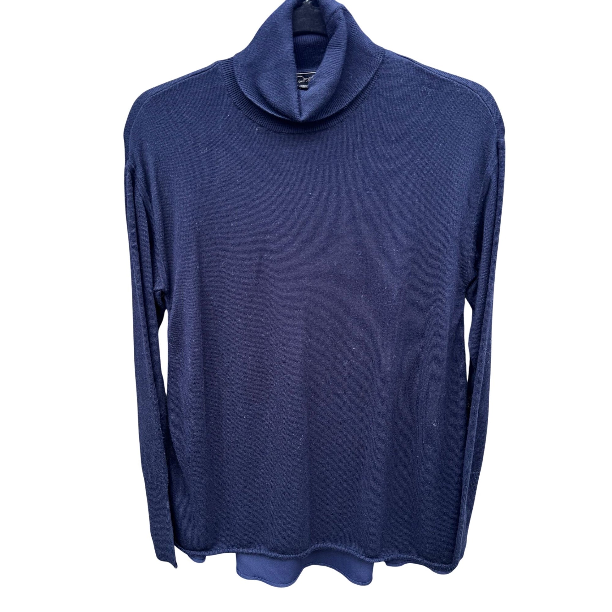 DG 2 Diane Gilman Navy Flowy Chiffon Back Knit Turtleneck Long Sleeve Sweater XS