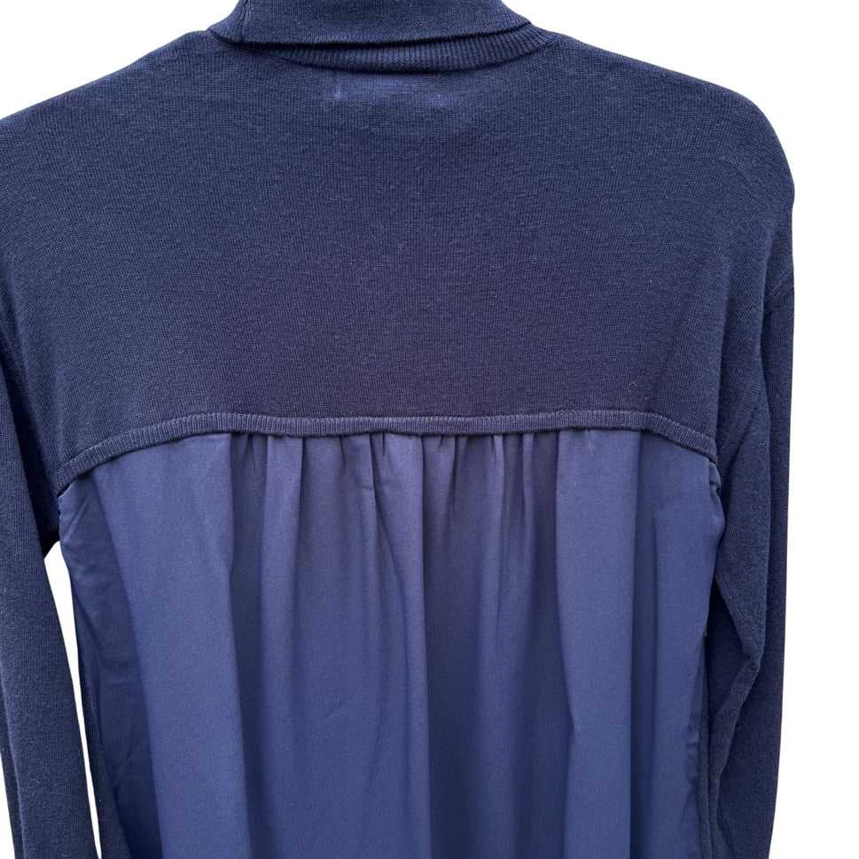 DG 2 Diane Gilman Navy Flowy Chiffon Back Knit Turtleneck Long Sleeve Sweater XS
