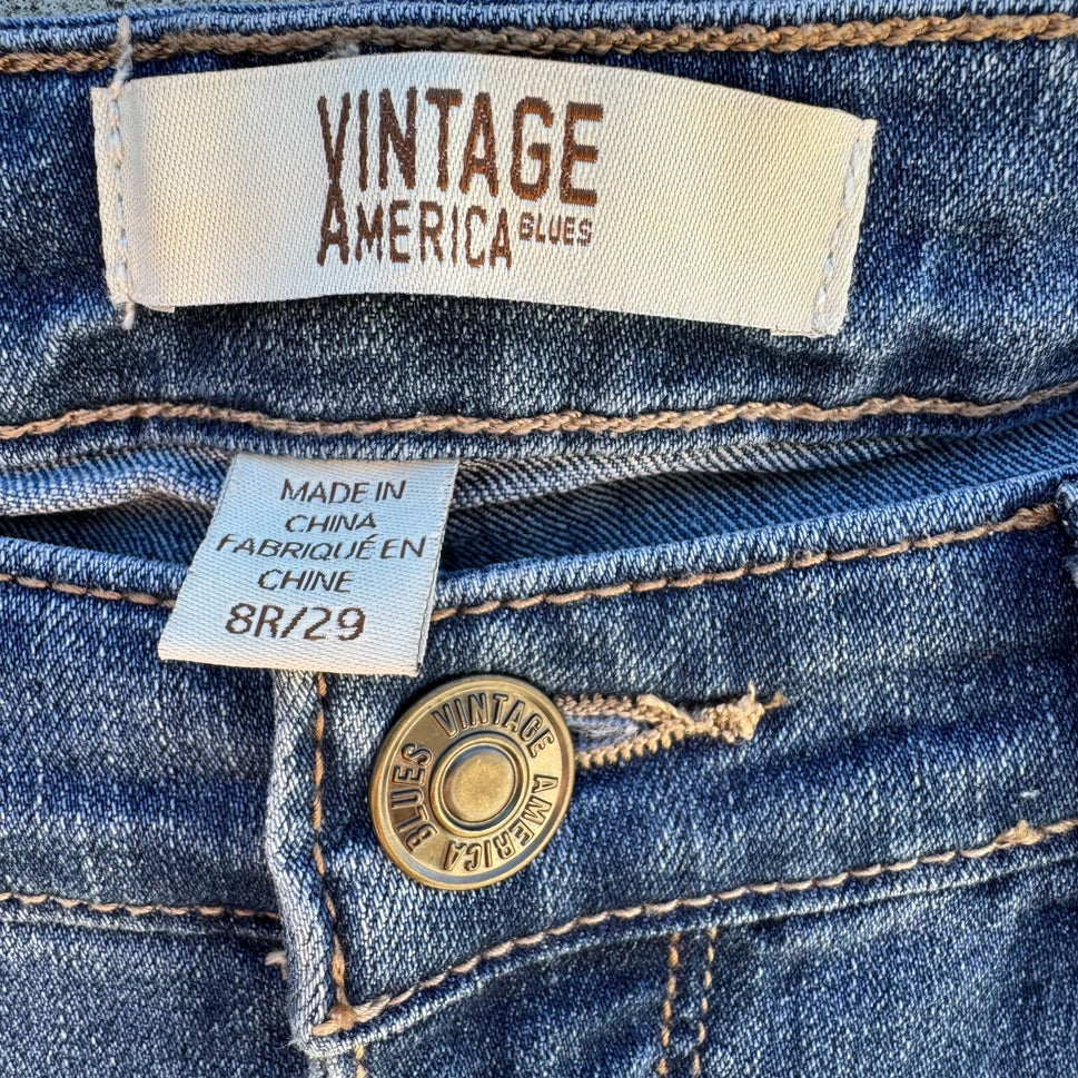 Vintage America Blues Womens Boho Skinny Medium Wash Mid Rise Denim Jeans 8R/29