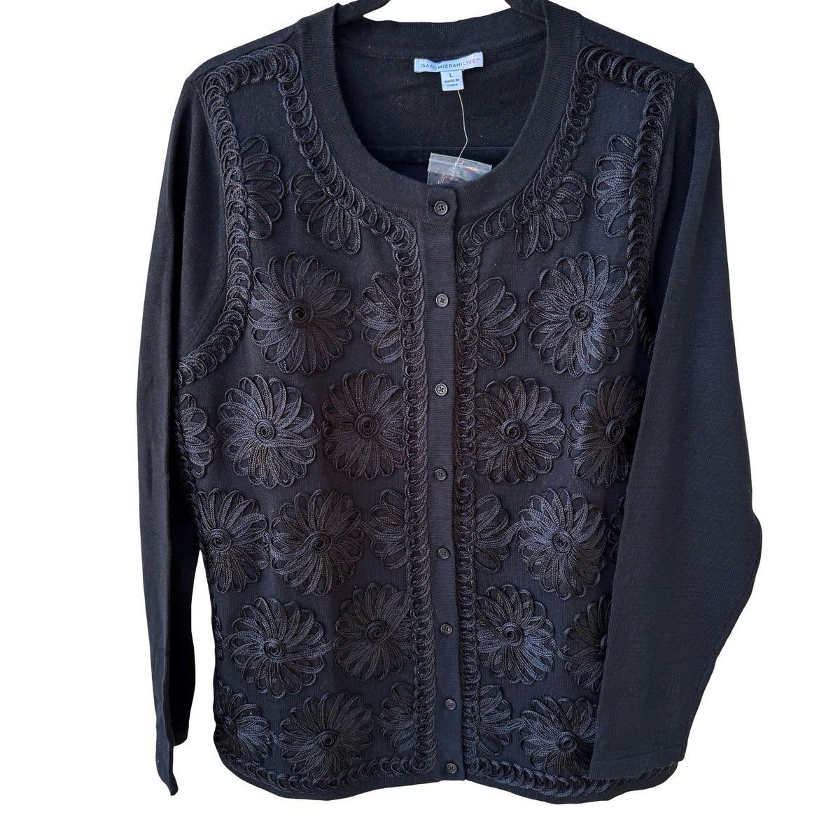 Isaac Mizrahi Floral Soutache Embroidered Knit Cardigan Sweater Black Womens L