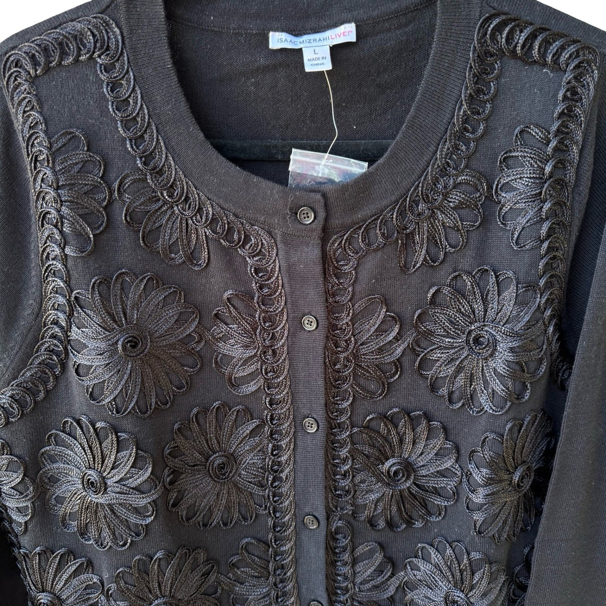 Isaac Mizrahi Floral Soutache Embroidered Knit Cardigan Sweater Black Womens L
