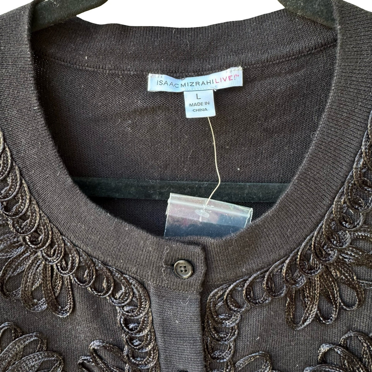 Isaac Mizrahi Floral Soutache Embroidered Knit Cardigan Sweater Black Womens L