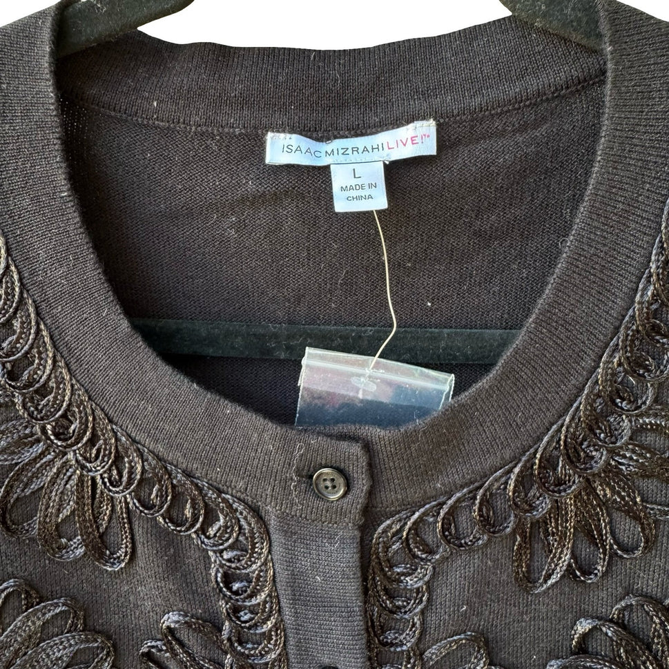 Isaac Mizrahi Floral Soutache Embroidered Knit Cardigan Sweater Black Womens L