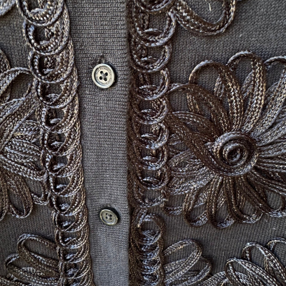 Isaac Mizrahi Floral Soutache Embroidered Knit Cardigan Sweater Black Womens L