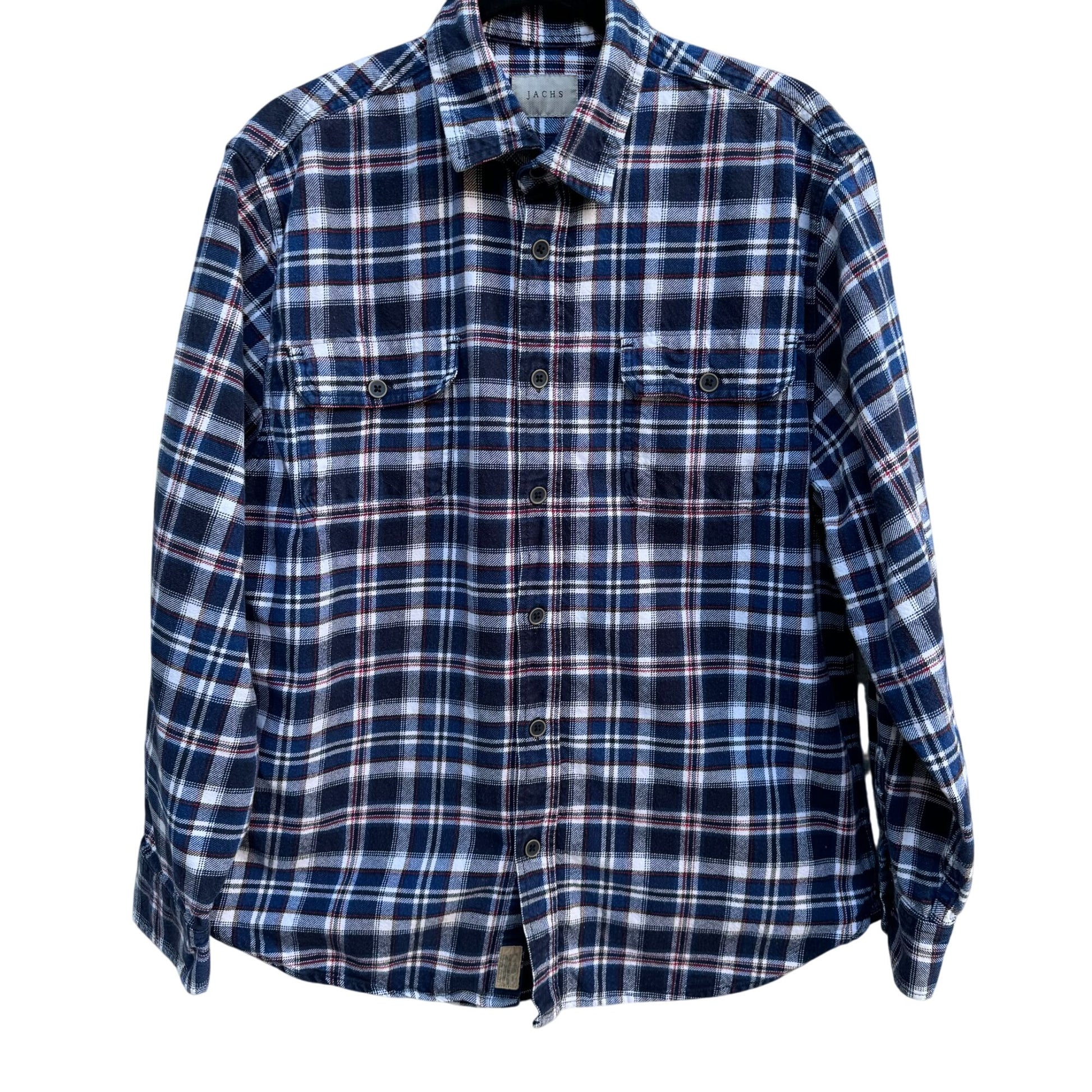 Jachs Mens Blue Plaid Long Sleeve Flannel Cotton Outdoor Grunge Work Shirt Large