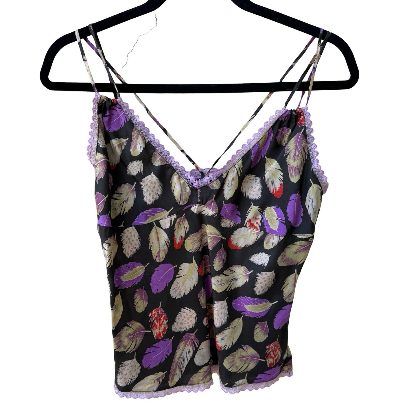 Poleci Y2K Boho Festival Whimsigoth Indie Feather Print Lace Trim Camisole Top S