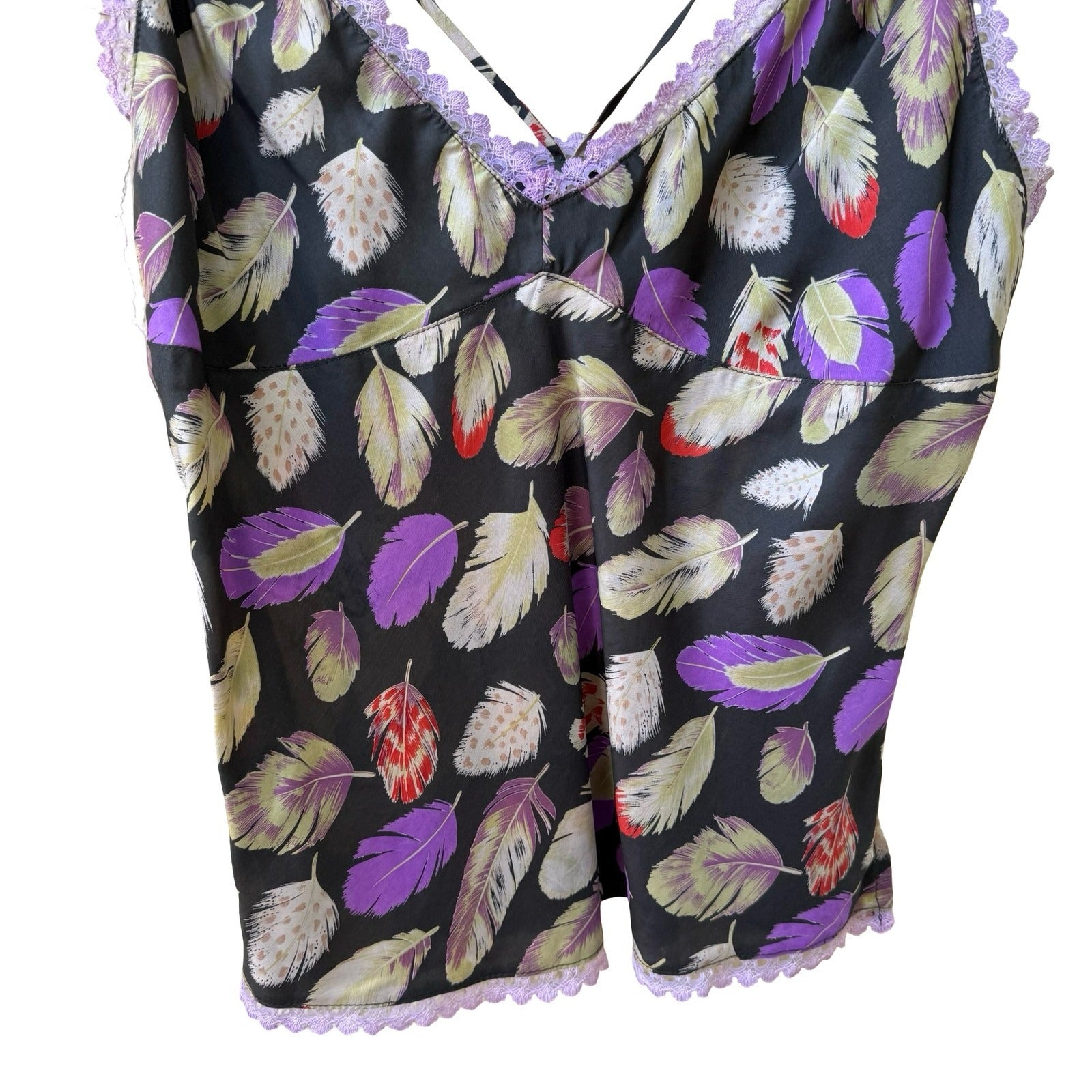 Poleci Y2K Boho Festival Whimsigoth Indie Feather Print Lace Trim Camisole Top S