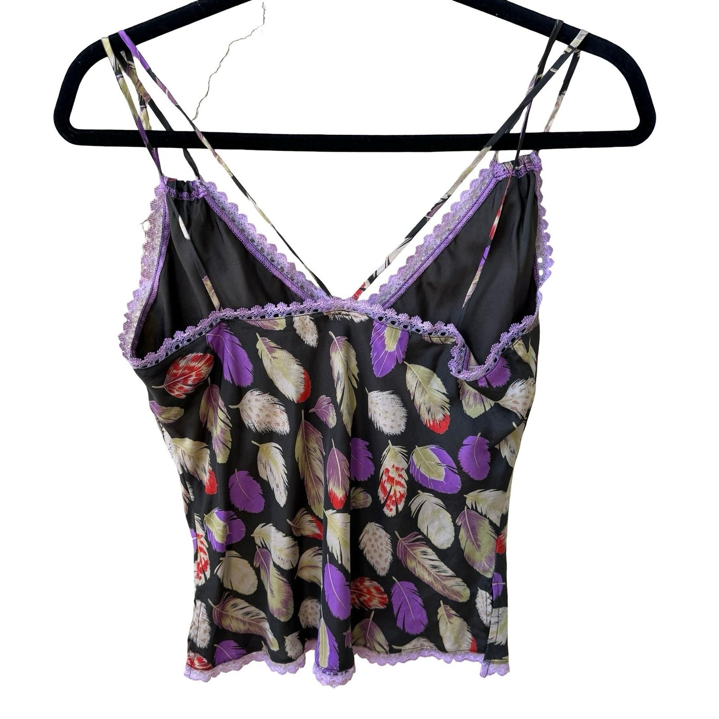 Poleci Y2K Boho Festival Whimsigoth Indie Feather Print Lace Trim Camisole Top S