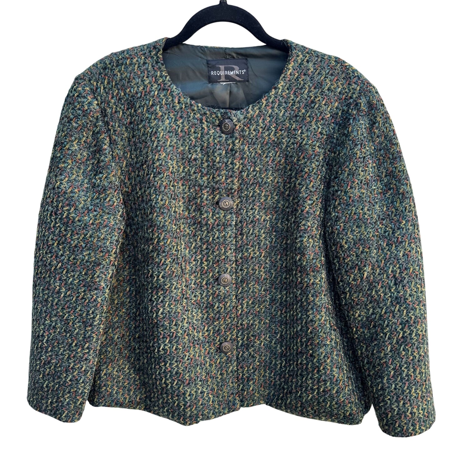 Requirements Boucle Tweed Academia Womens Green Textured Button-Up Jacket Blazer