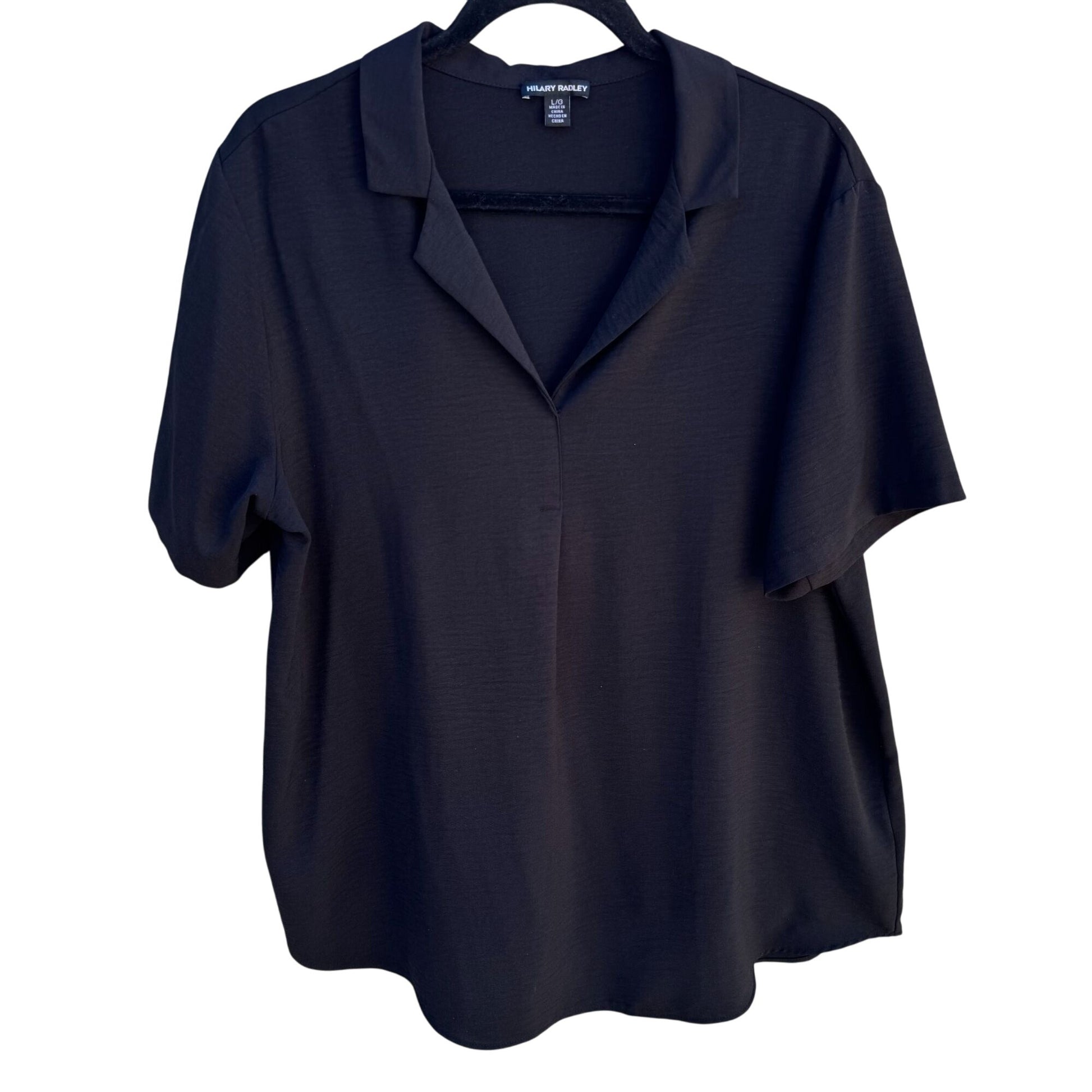 Hilary Radley Womens Black Polo Style Stretch Lightweight Short Sleeve Top L