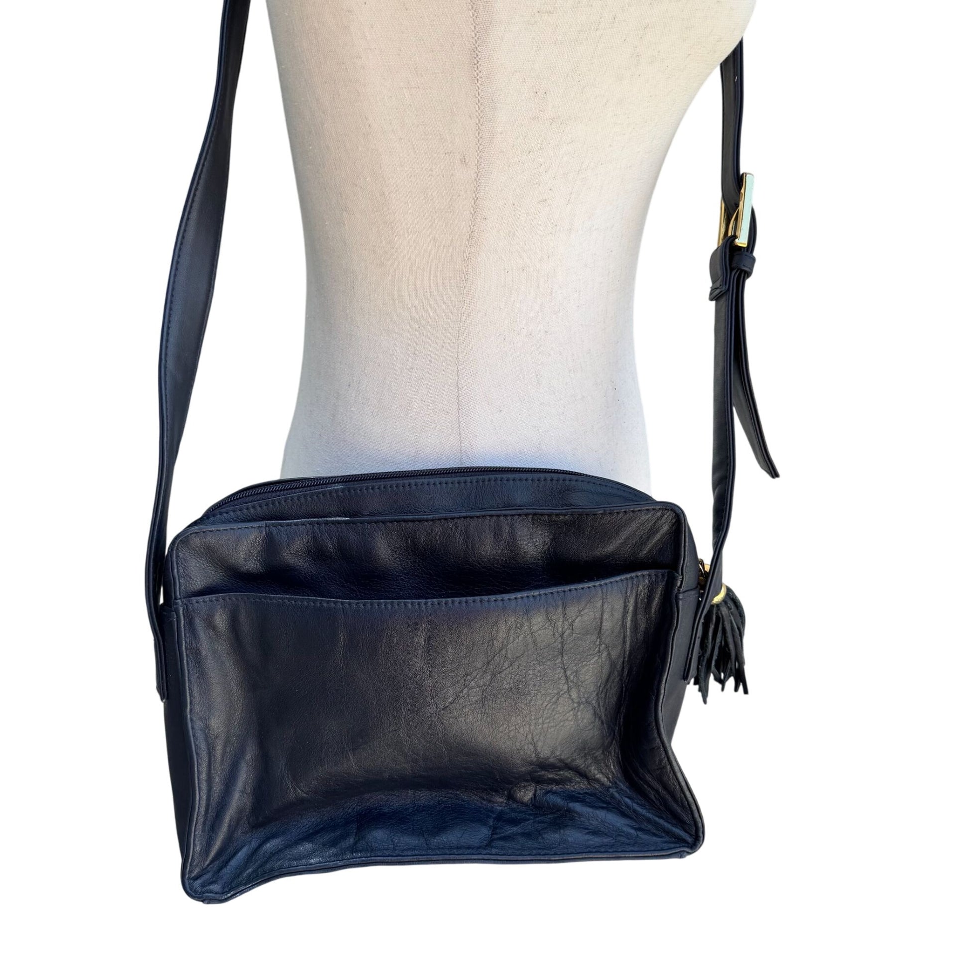 Giani Bernini Womens Navy Leather Tassel Accent Zip Close Crossbody Shoulder Bag