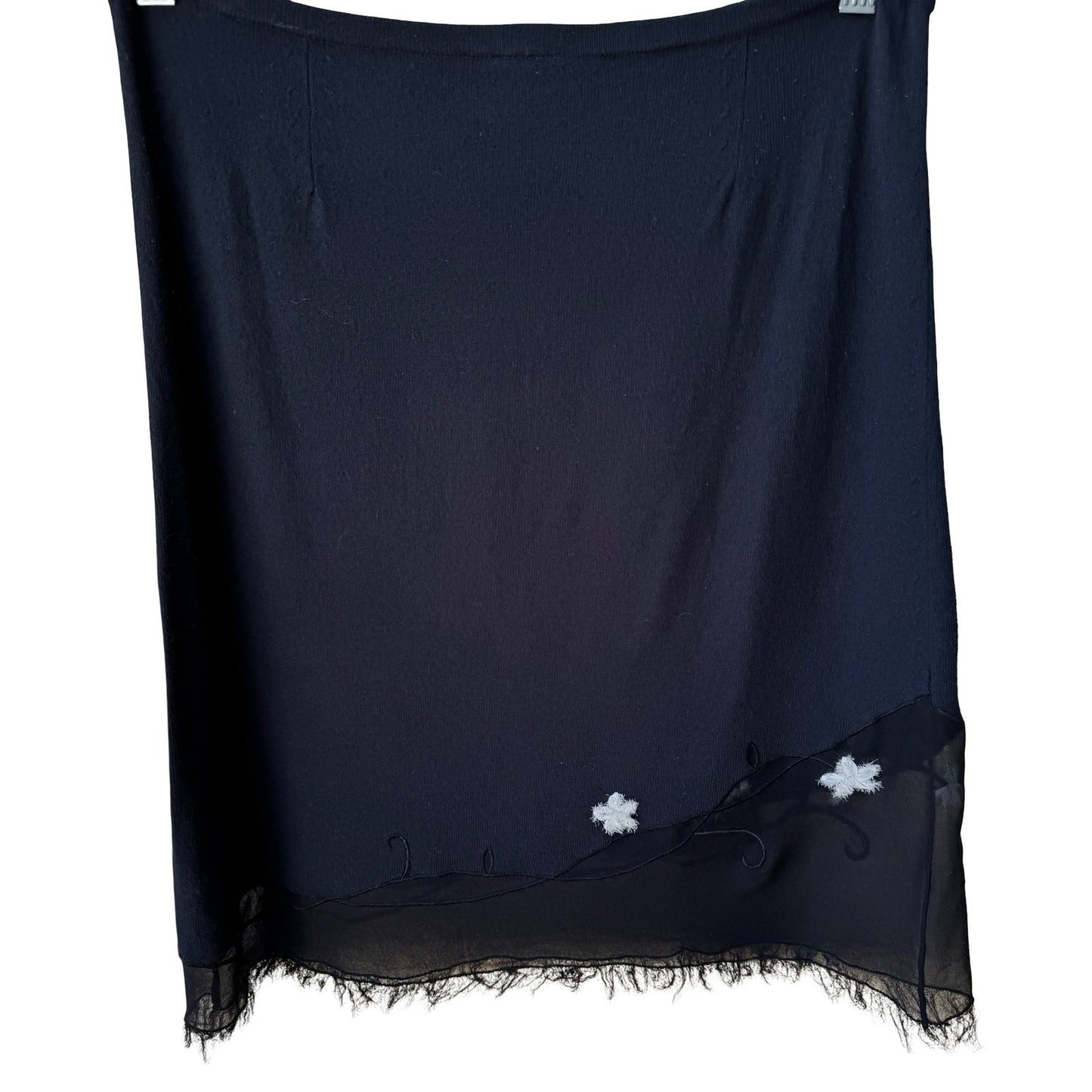 Easel Y2K Whimsigoth Boho Knit Fairy Midi Skirt Floral Embroidery Sheer Fray Hem