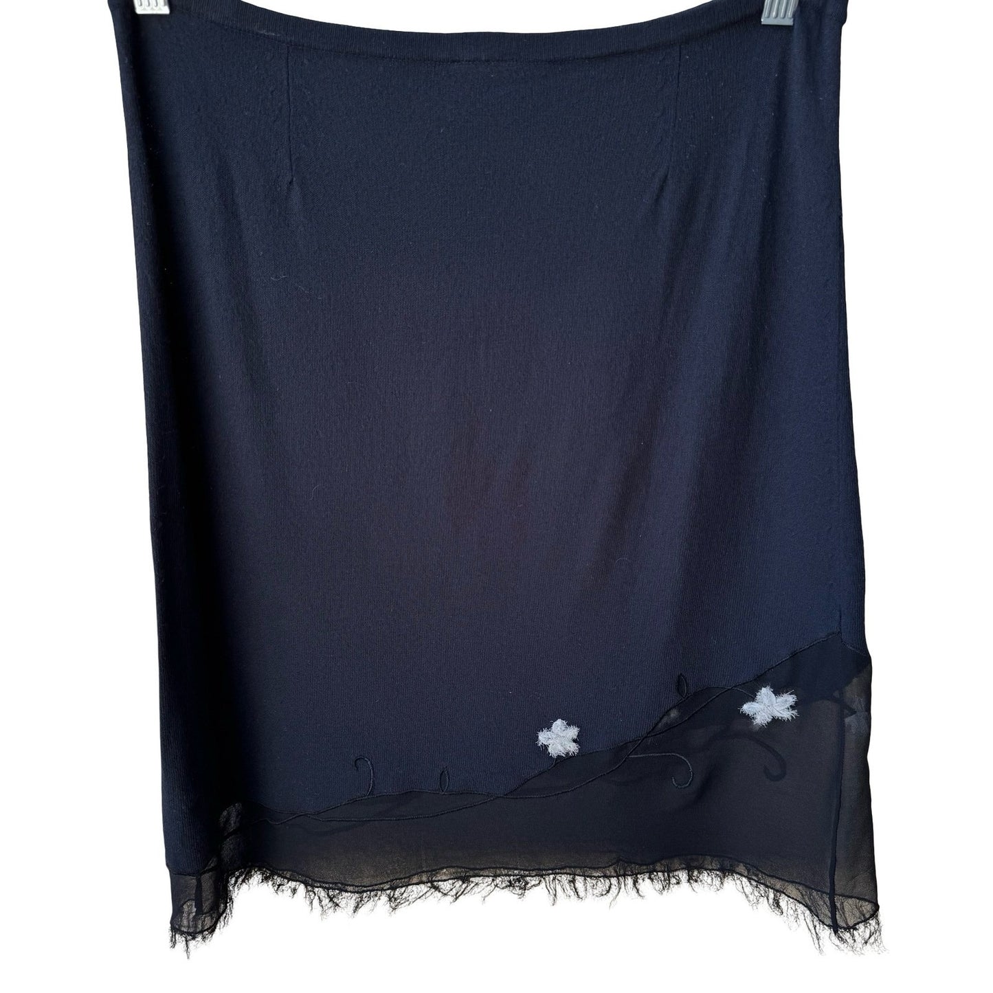 Easel Y2K Whimsigoth Boho Knit Fairy Midi Skirt Floral Embroidery Sheer Fray Hem