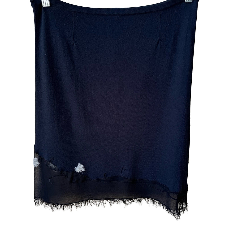 Easel Y2K Whimsigoth Boho Knit Fairy Midi Skirt Floral Embroidery Sheer Fray Hem