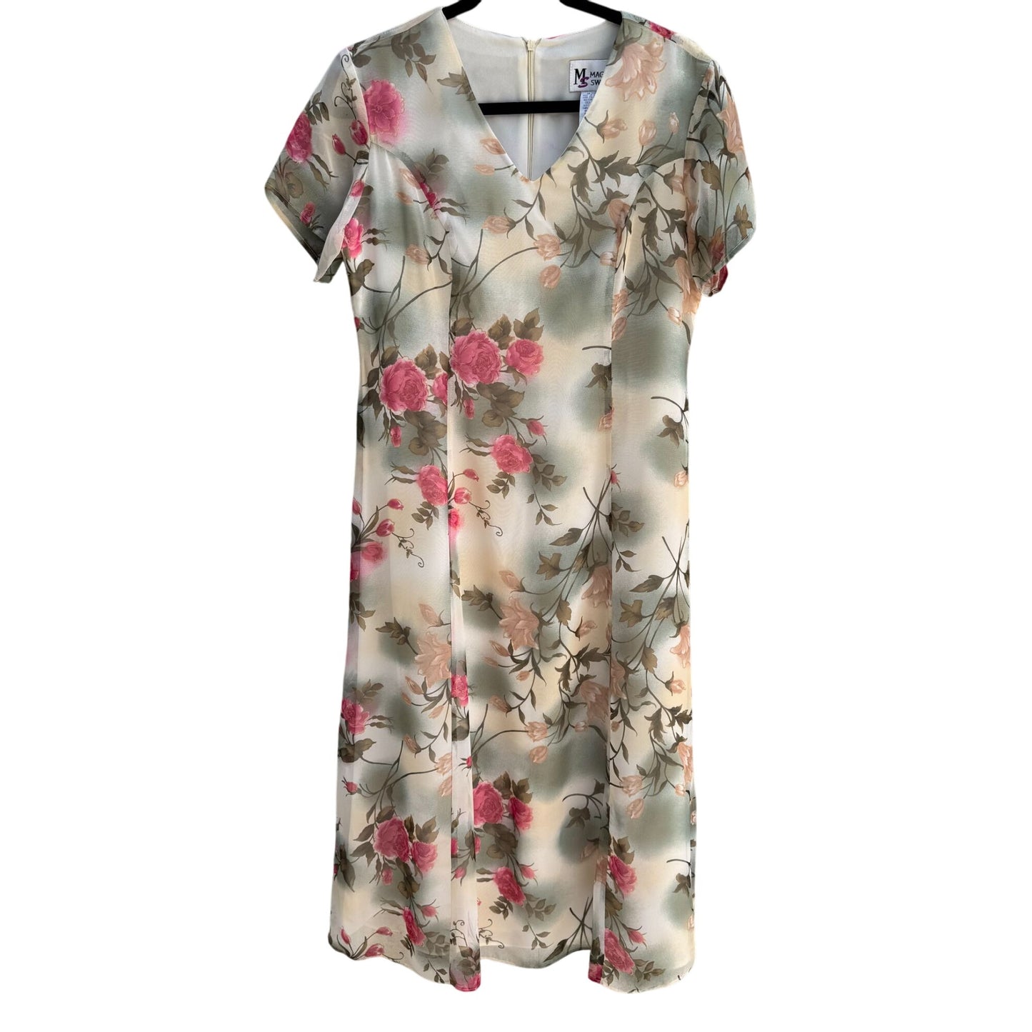 Maggie Sweet Vintage Y2K Womens Floral Chiffon V-Neck Short Sleeve Midi Dress PS